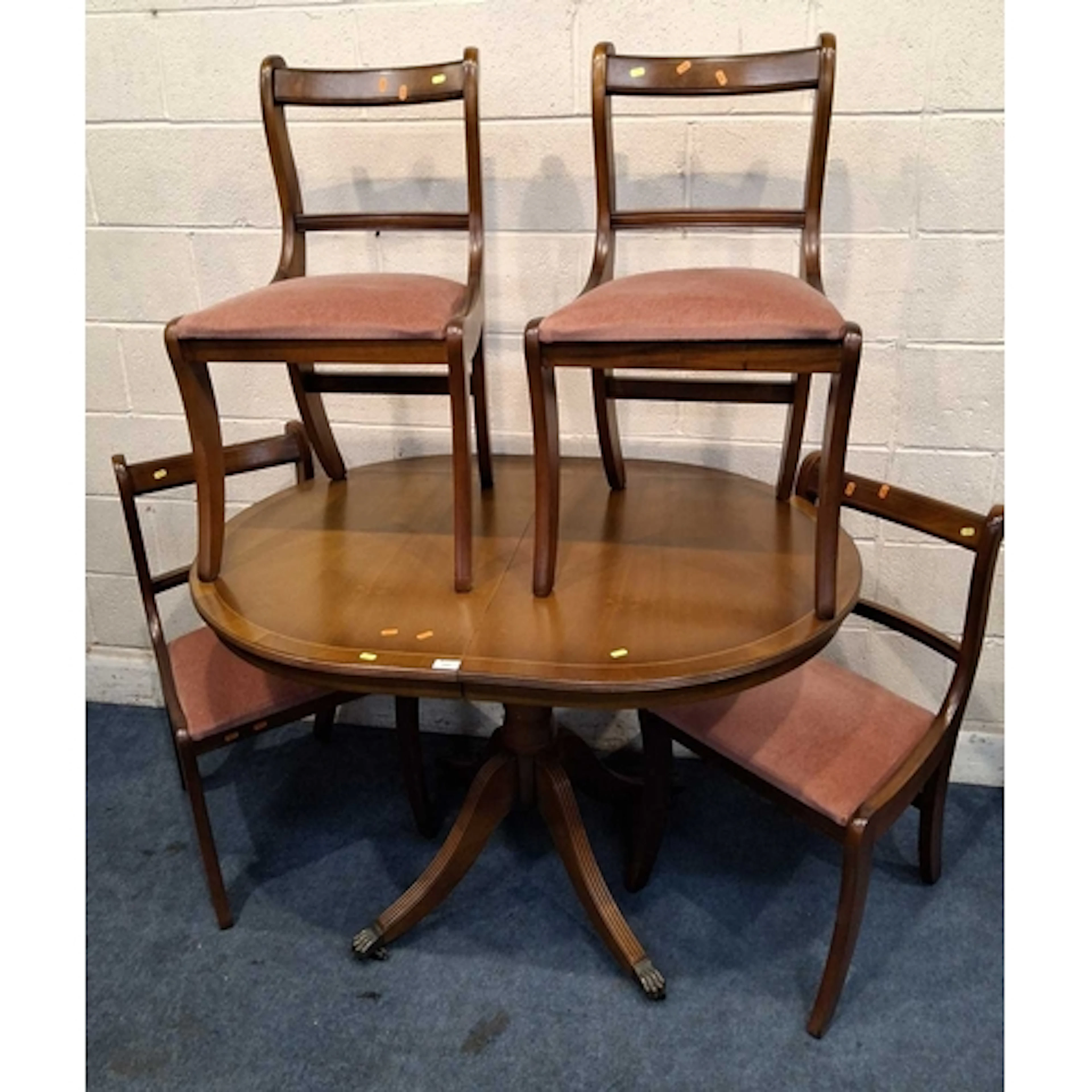 A REPRODUCTION MAHOGANY SINGLE PEDESTAL TABLE, along with fo...