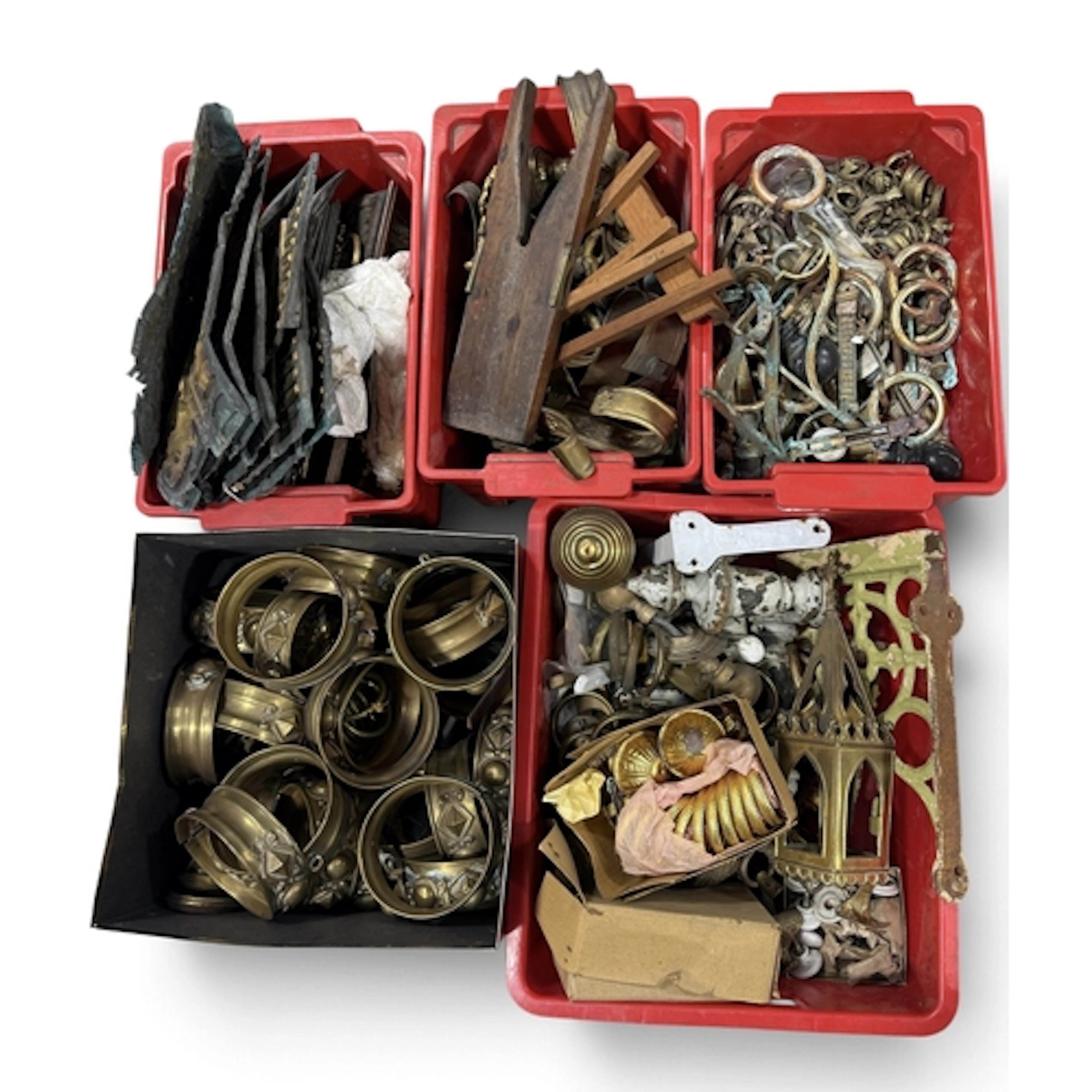 FIVE BOXES OF BRASS CURTAIN FITTINGS AND OTHER ARCHITECTURAL...