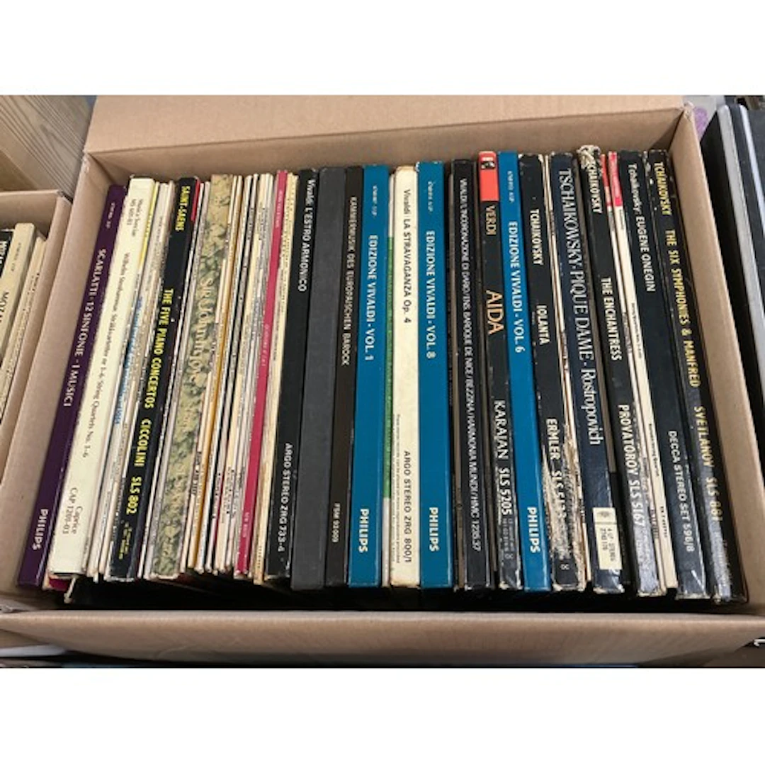Five boxes and two bag of classical music LPs including many...