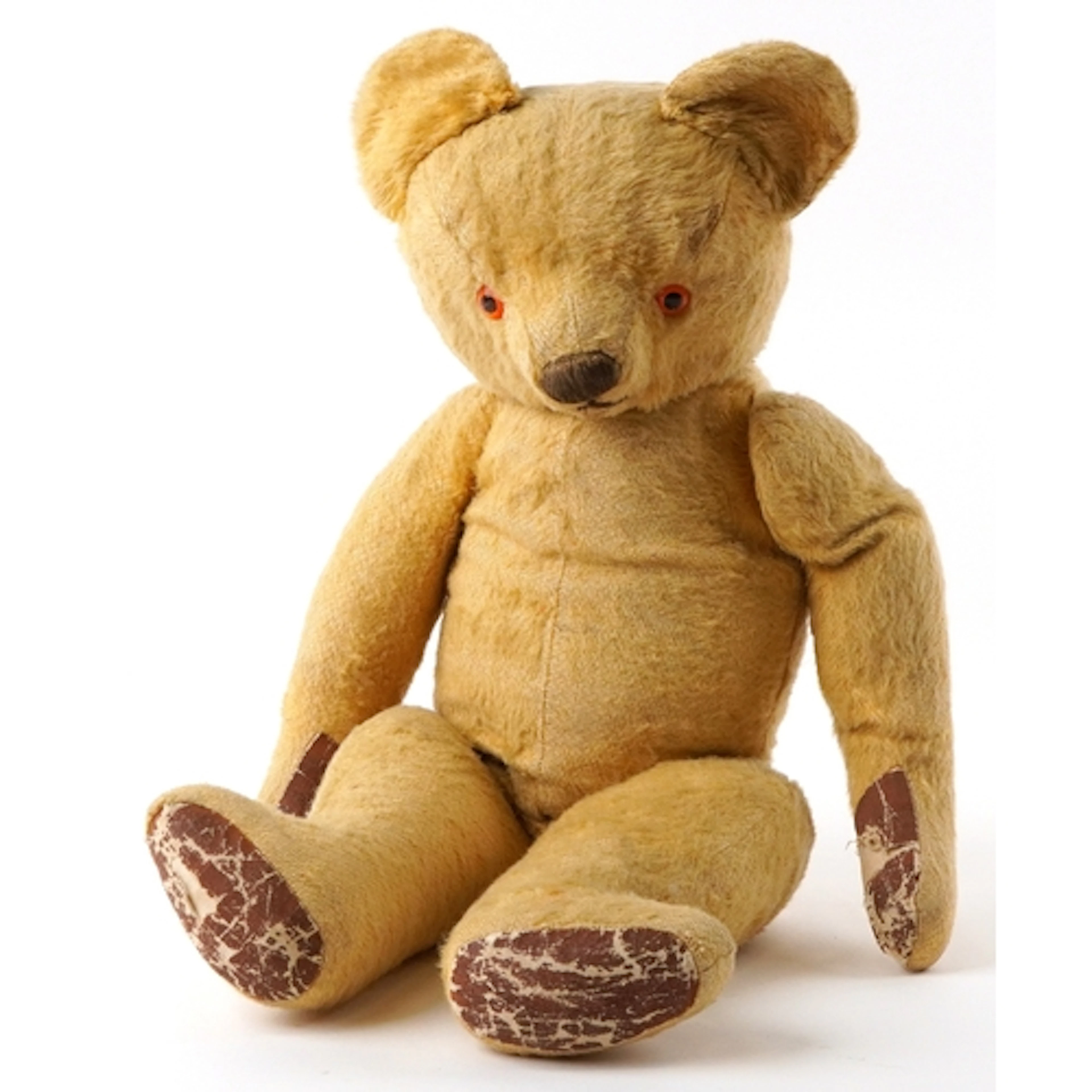 Large golden articulated straw filled teddy bear with glass ...