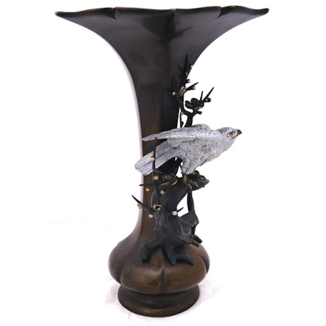 A JAPANESE BRONZE AND MIXED METAL VASE 20TH CENTURY the flar...