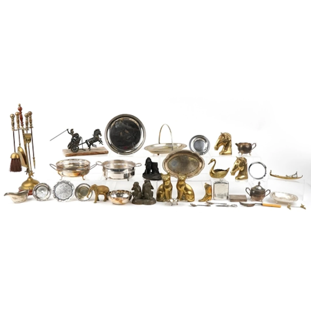 Antique and later metalware including brass animals, fire co...
