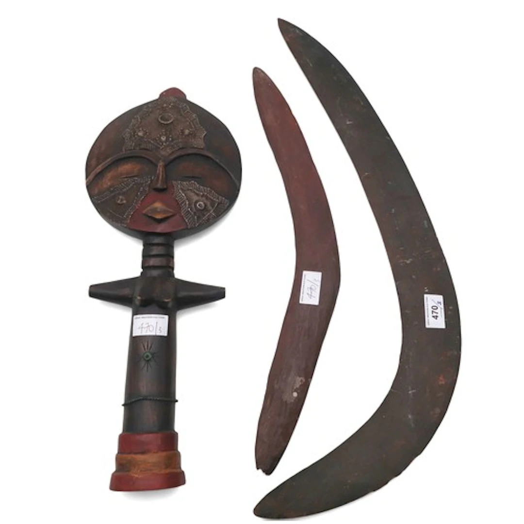 An Aboriginal boomerang 61cm long, another and an Akuaba st...