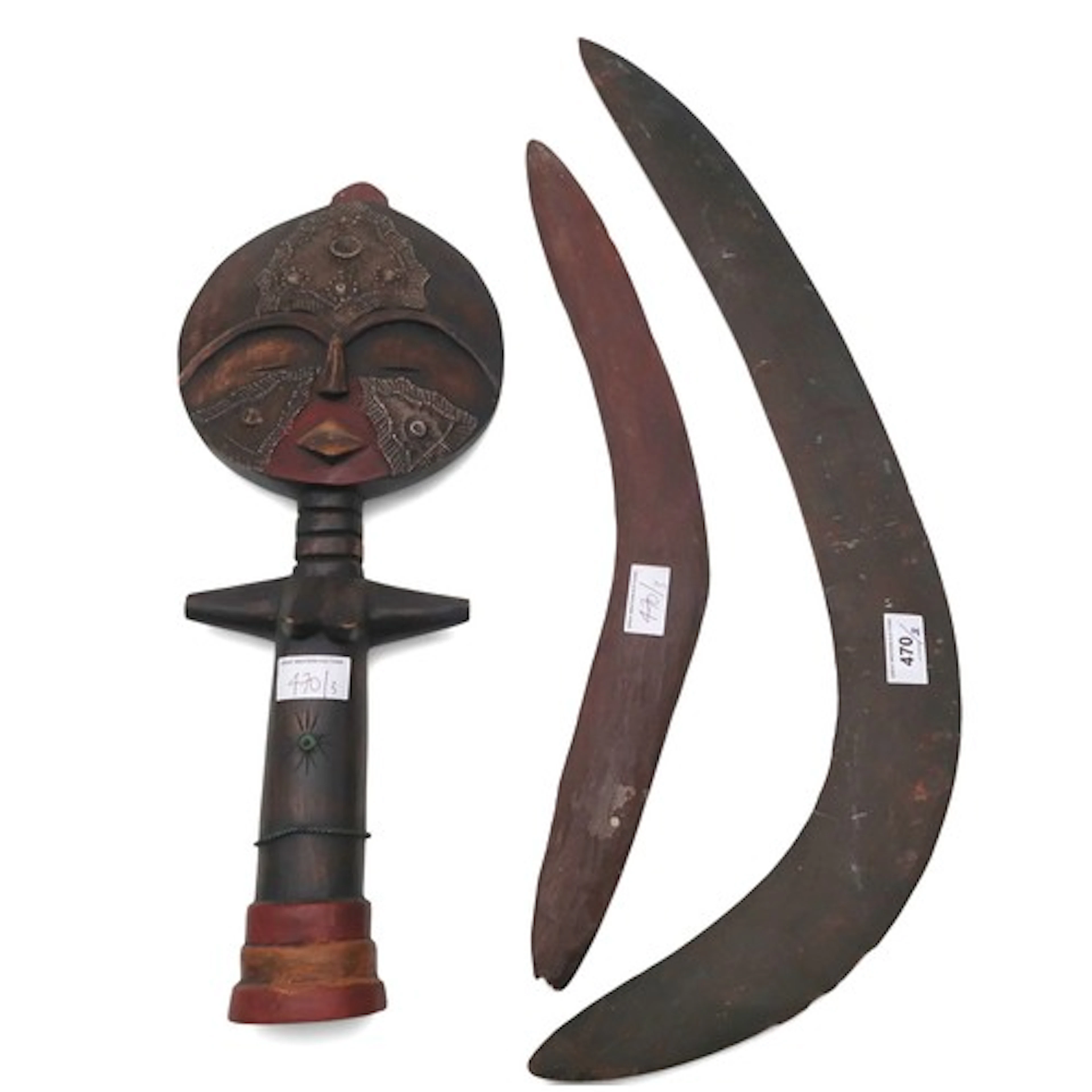 An Aboriginal boomerang 61cm long, another and an Akuaba st...