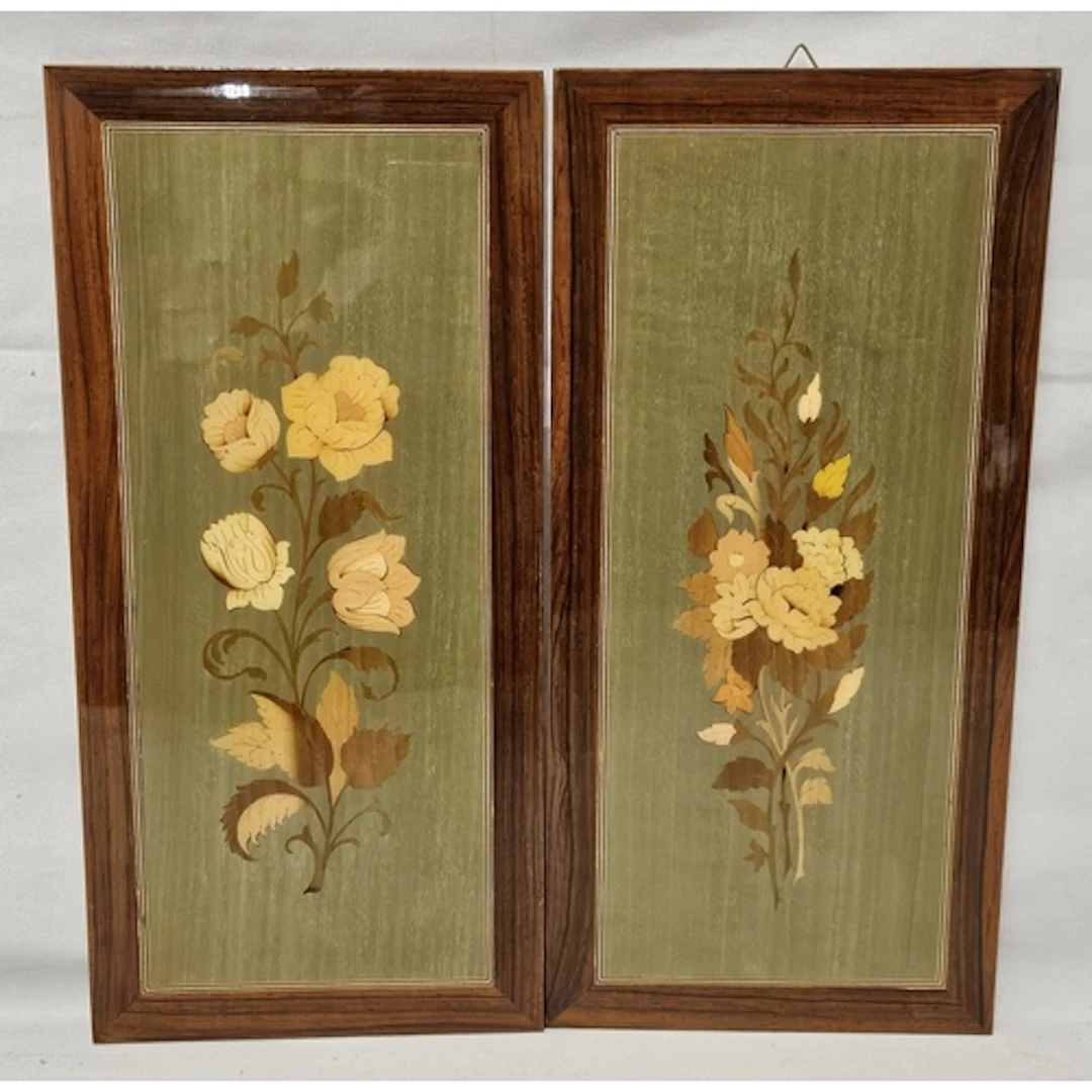 Pair Handmade Inlaid Wood Pictures of Flowers, made in Italy...