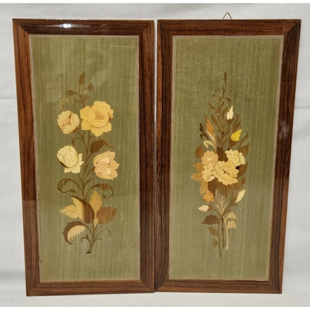 Pair Handmade Inlaid Wood Pictures of Flowers, made in Italy...