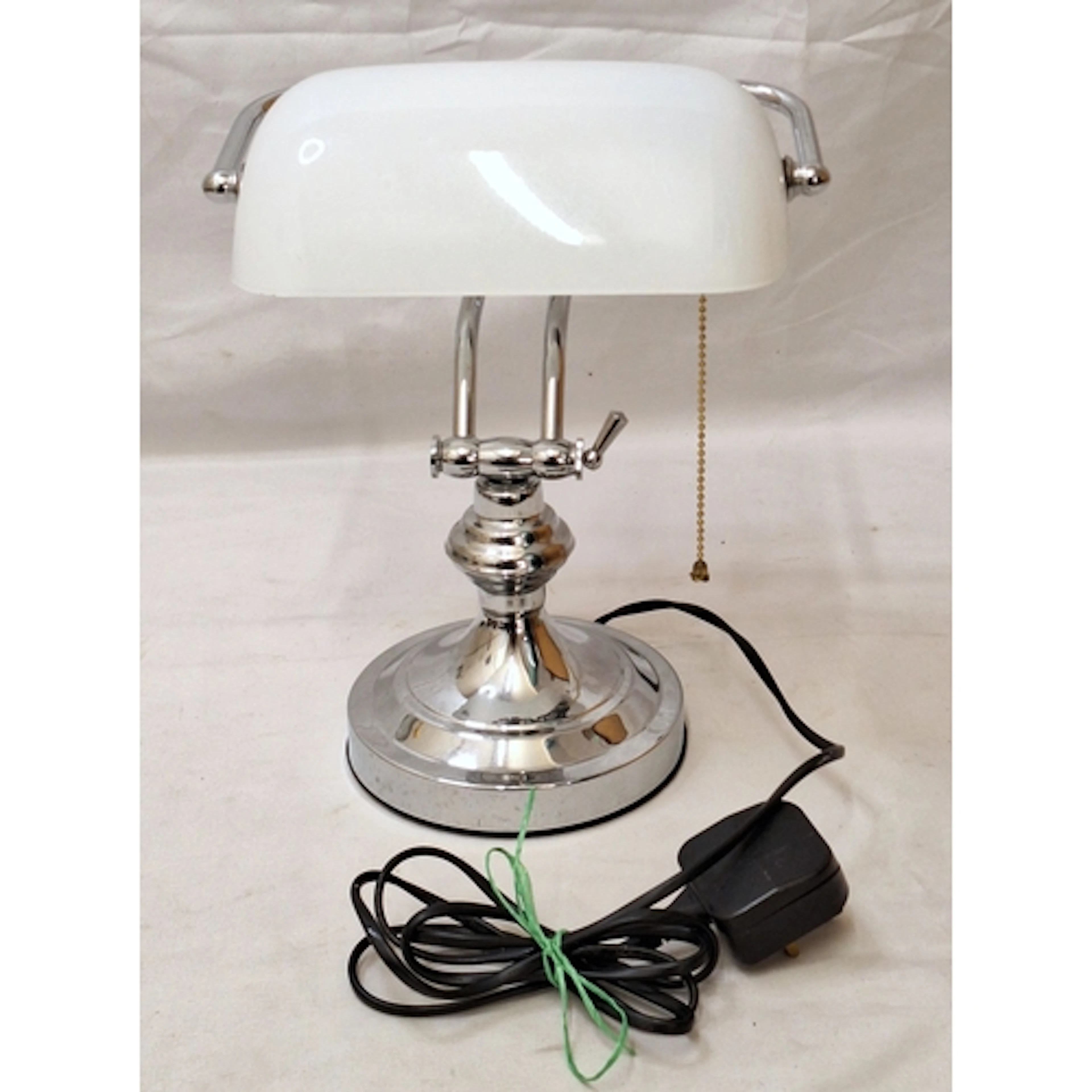 Modern Chrome Bankers Style Lamp with white shade UNTESTED