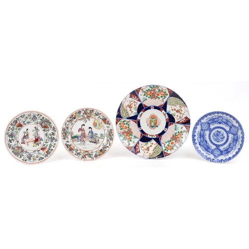 Three Chinese porcelain plates including two hand painted in...