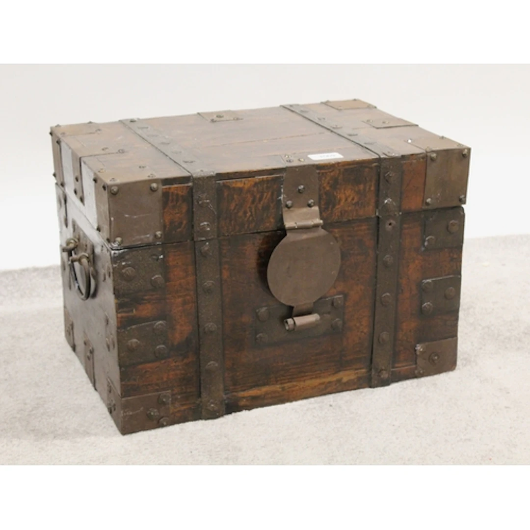 Small iron banded wooden trunk with later metal mounts, 46 x...