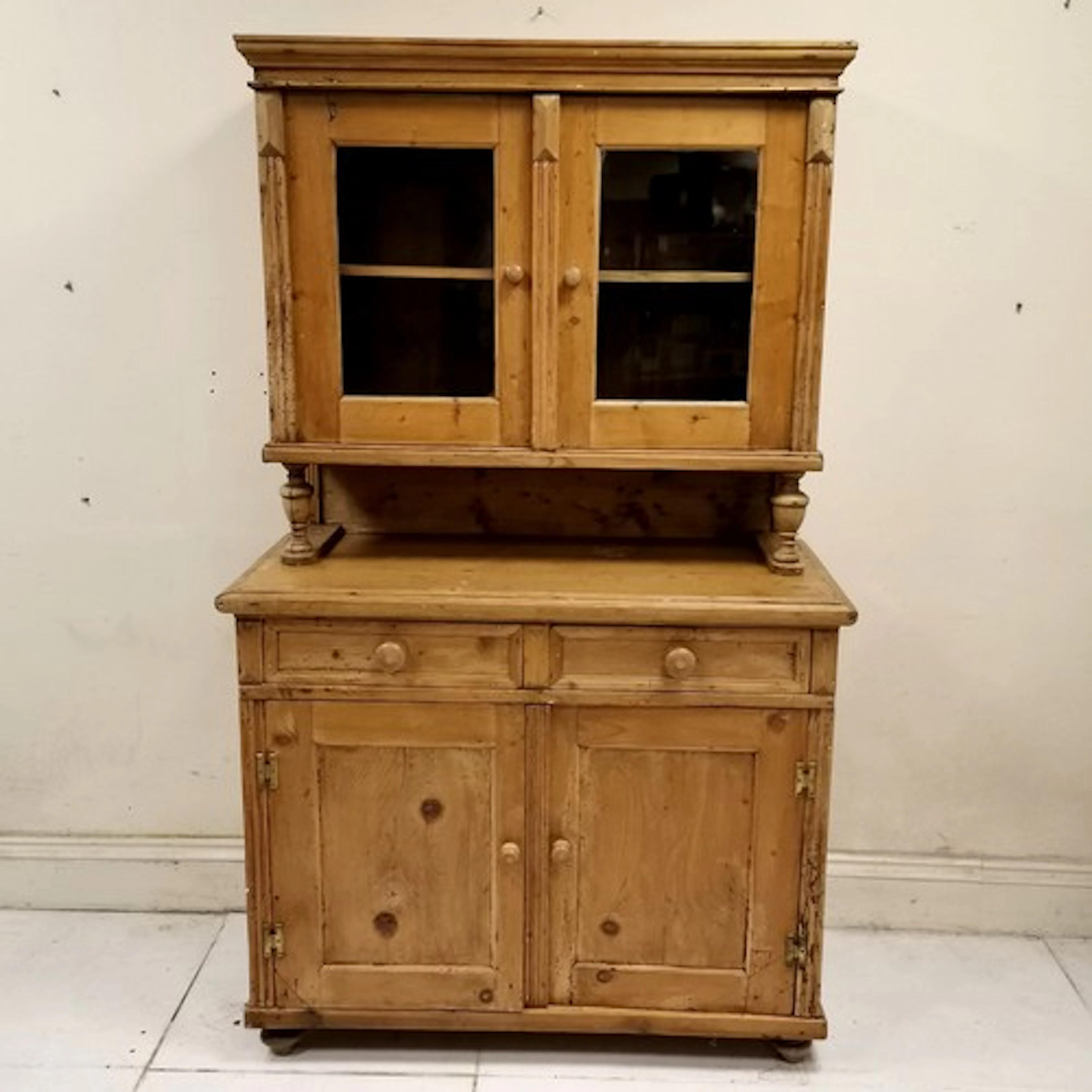 Antique pine dresser with 2 door glazed top and 2 drawer and...