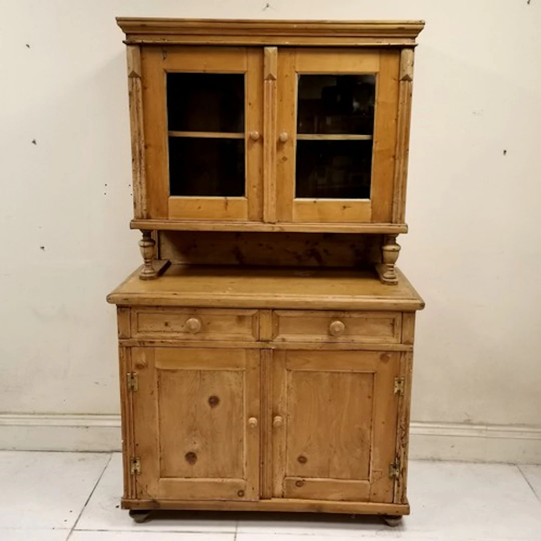 Antique pine dresser with 2 door glazed top and 2 drawer and...