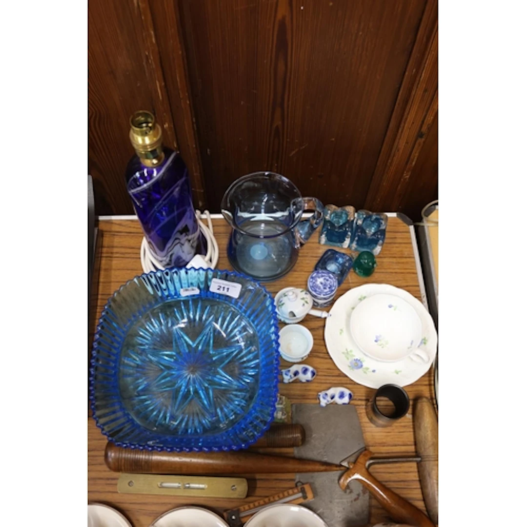 Blue glass lamp base, a blue glass jug and a blue glass bowl...