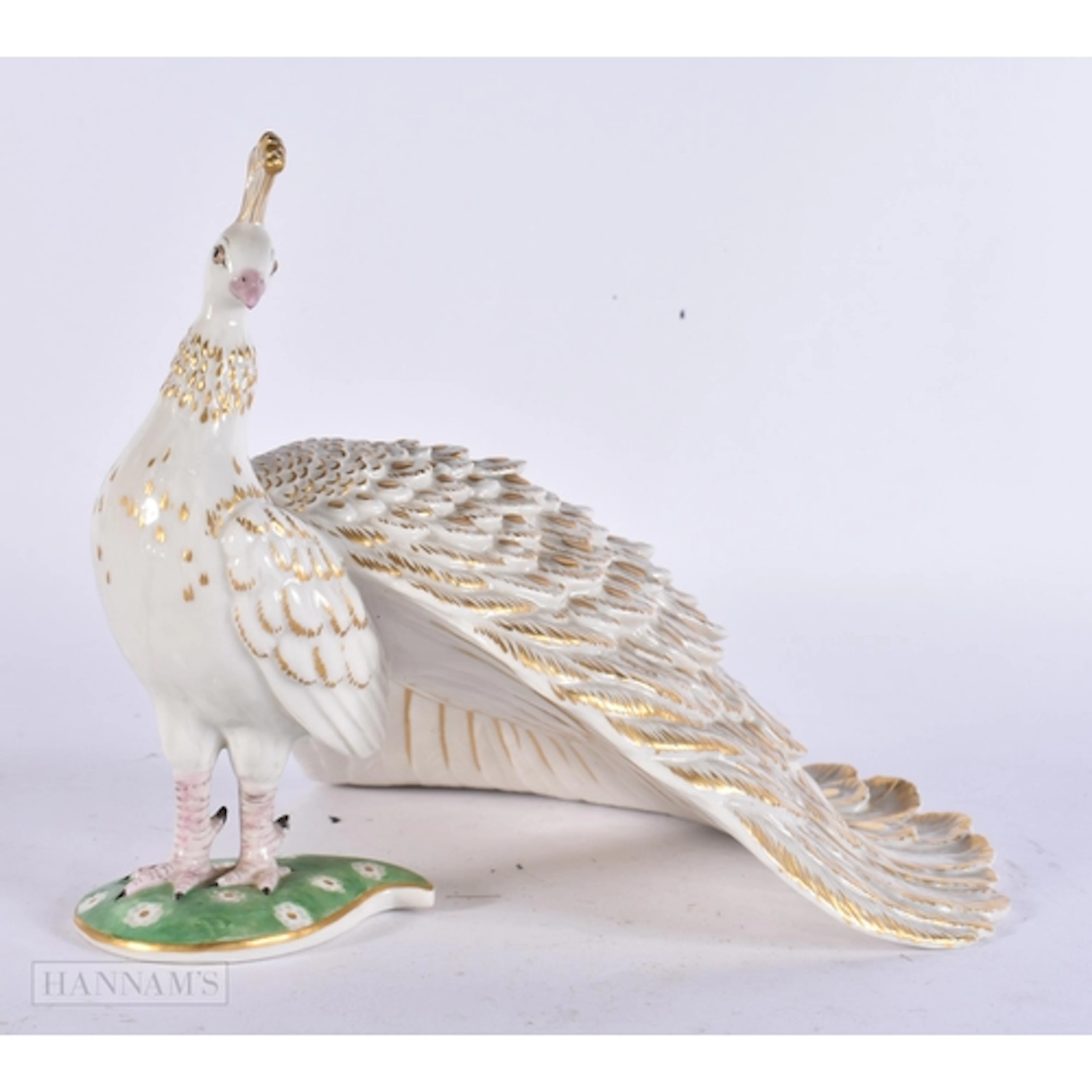AN UNUSUAL LARGE GERMAN NYMPHENBURG PORCELAIN PEACOCK. 21 cm...