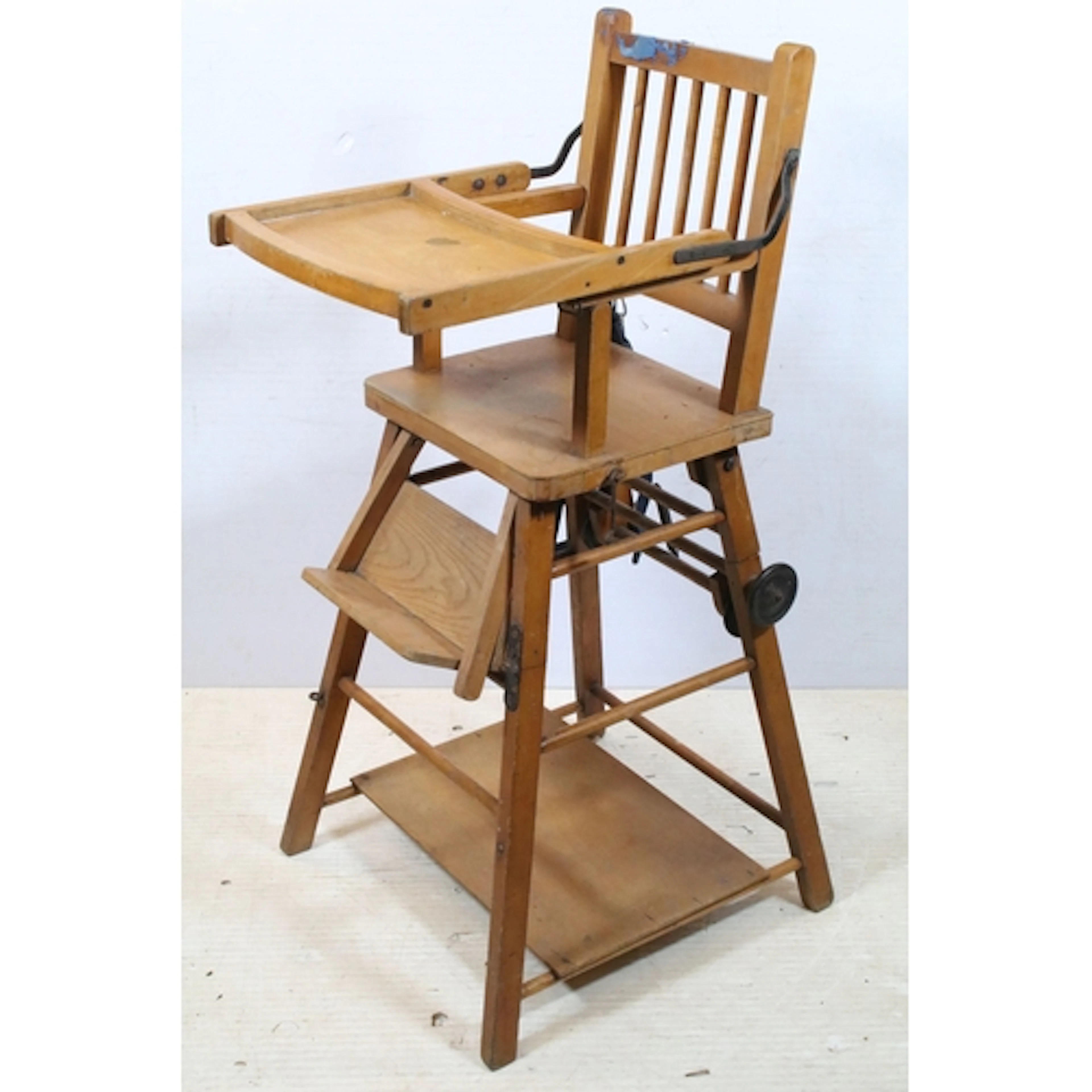 20th century vintage pine adjustable highchair walker. H 100...