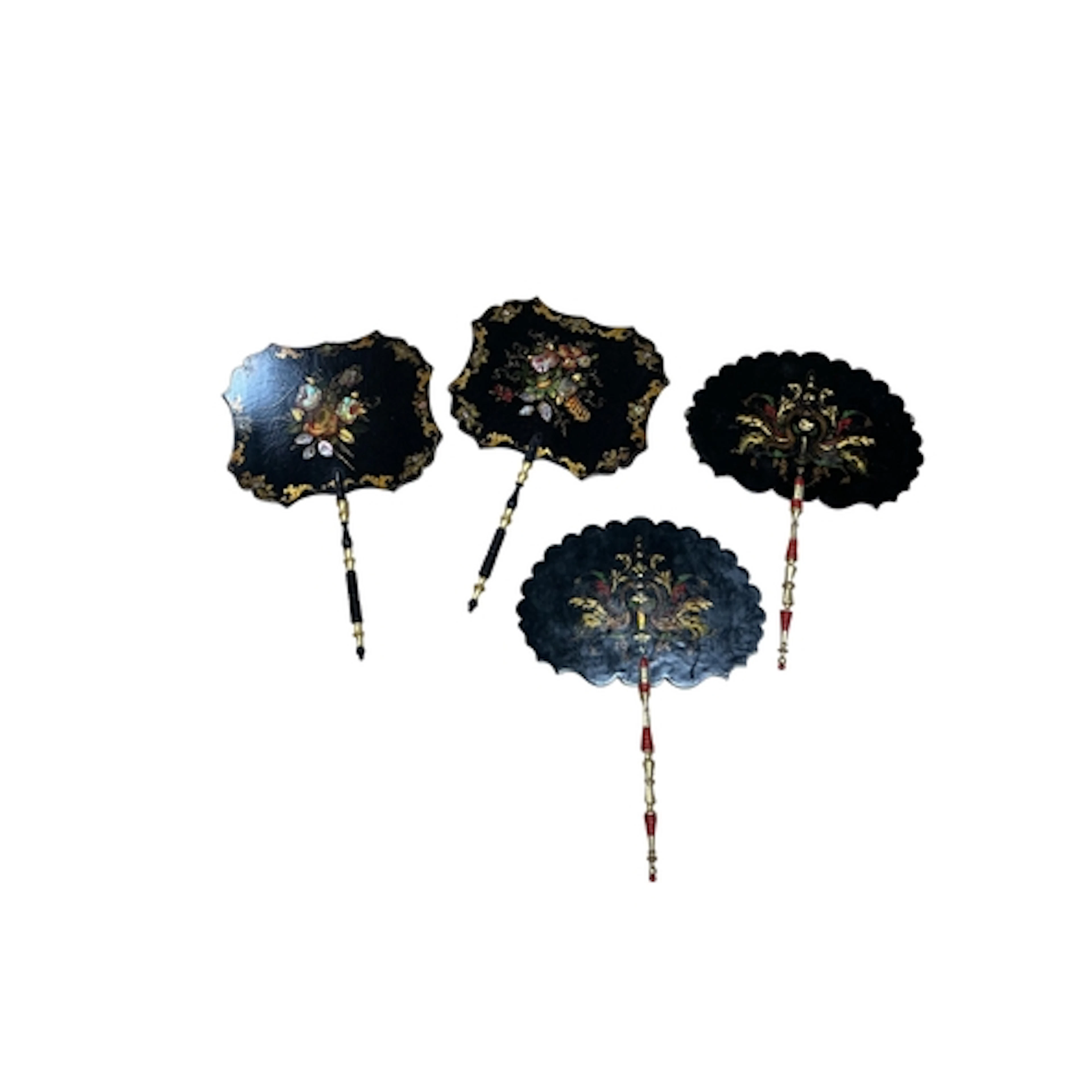 Two pairs of Regency painted, abalone inlaid papier mache fa...