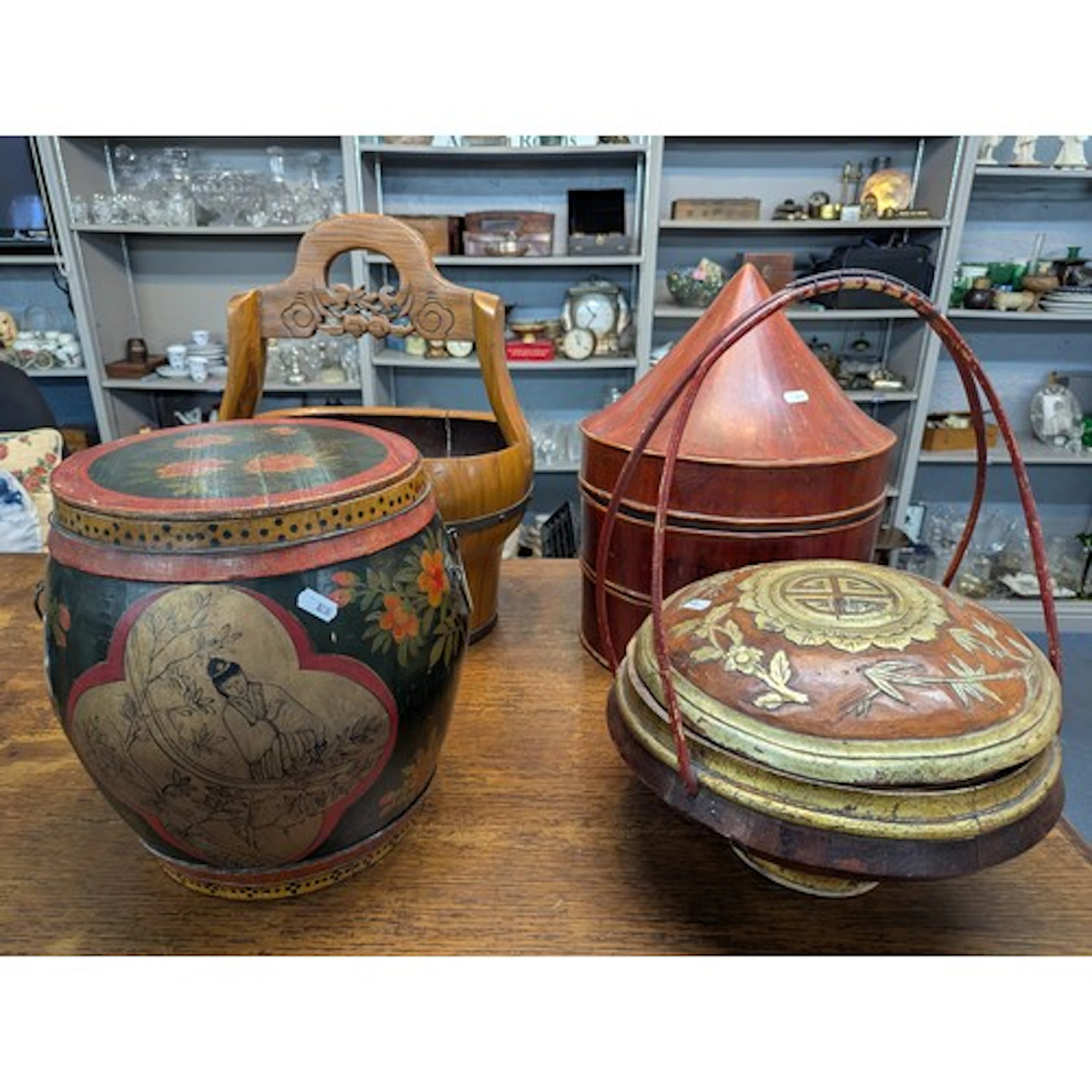 Wooden items to include an Asian floral painted twin handled...