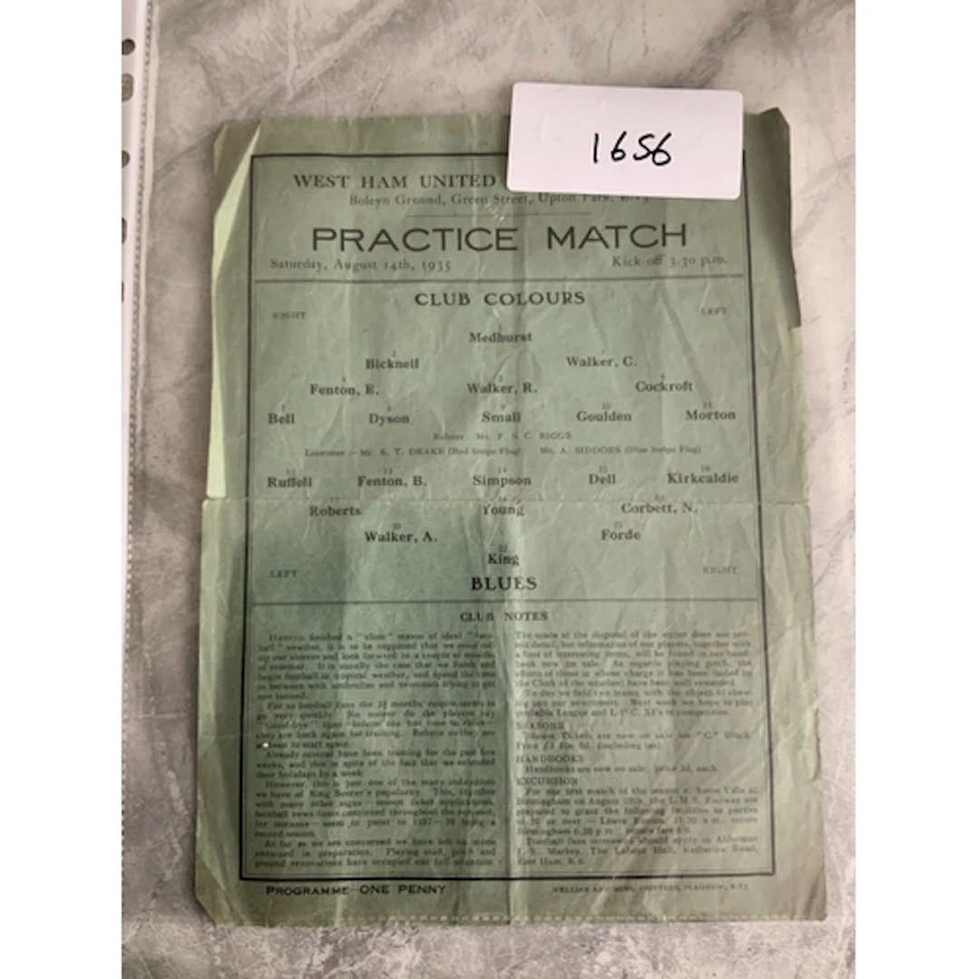 1935 West Ham Public Practice Match Football Programme: Club...