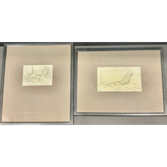 After Lucien Freud, a pair of pen and ink/pencil sketches of...