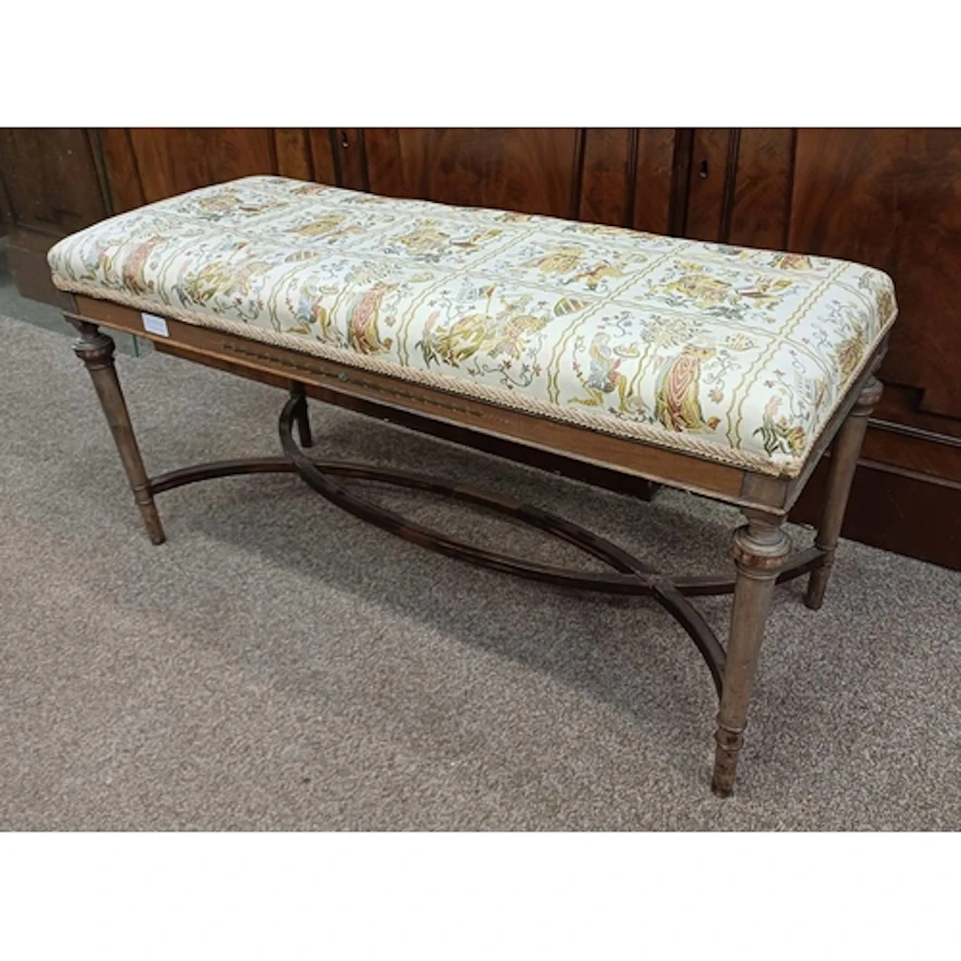 REGENCY STYLE SATIN WINDOW STOOL WITH PAINTED DECORATION, TU...