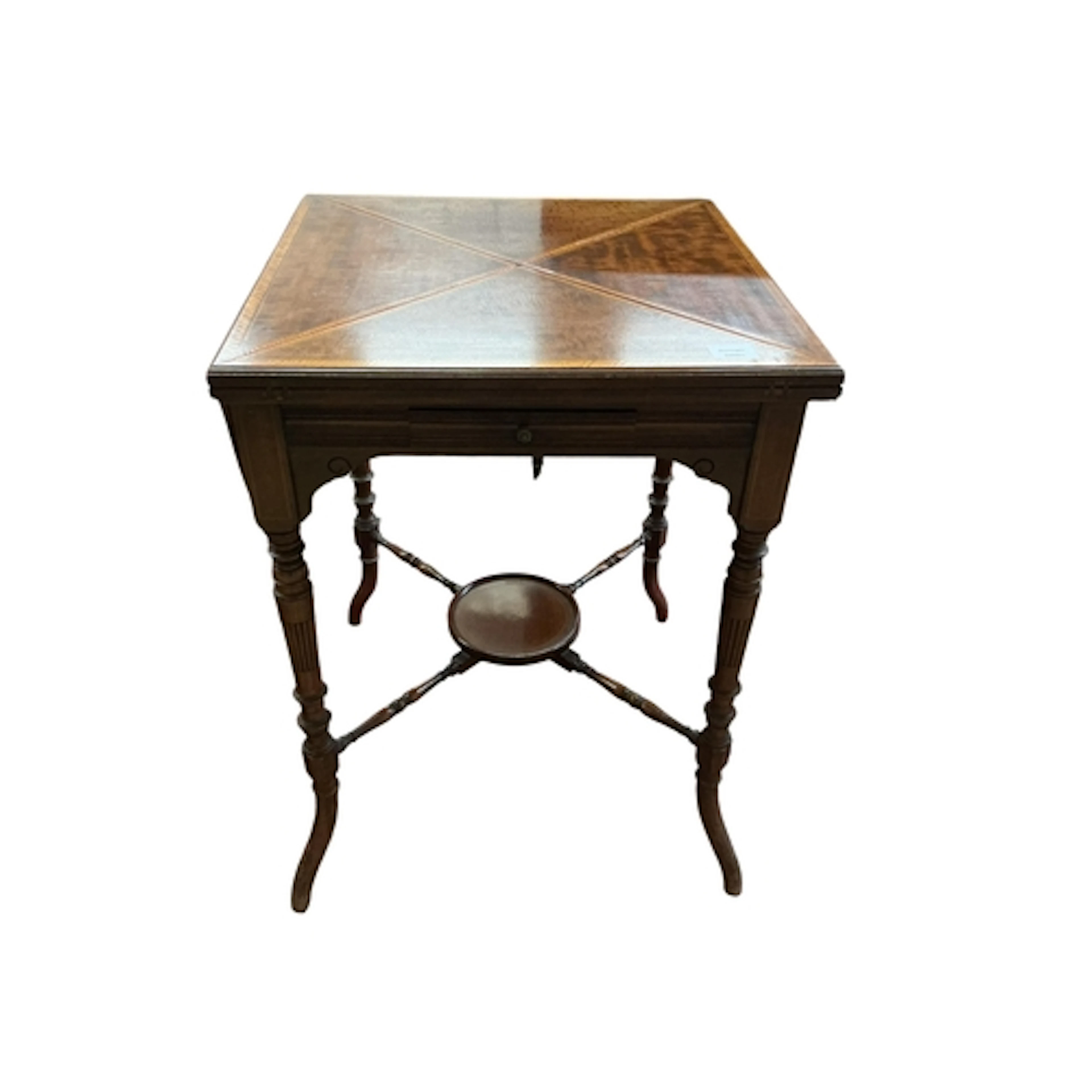 An Edwardian satinwood banded mahogany envelope card table, ...