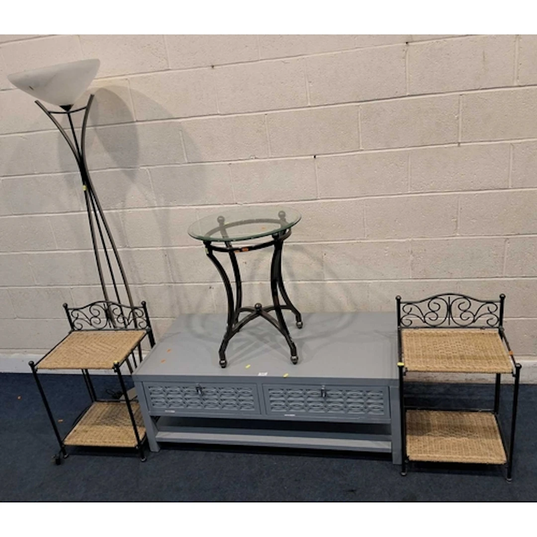 A MODERN RECTANGULAR COFFEE TABLE, with two fall front doors...