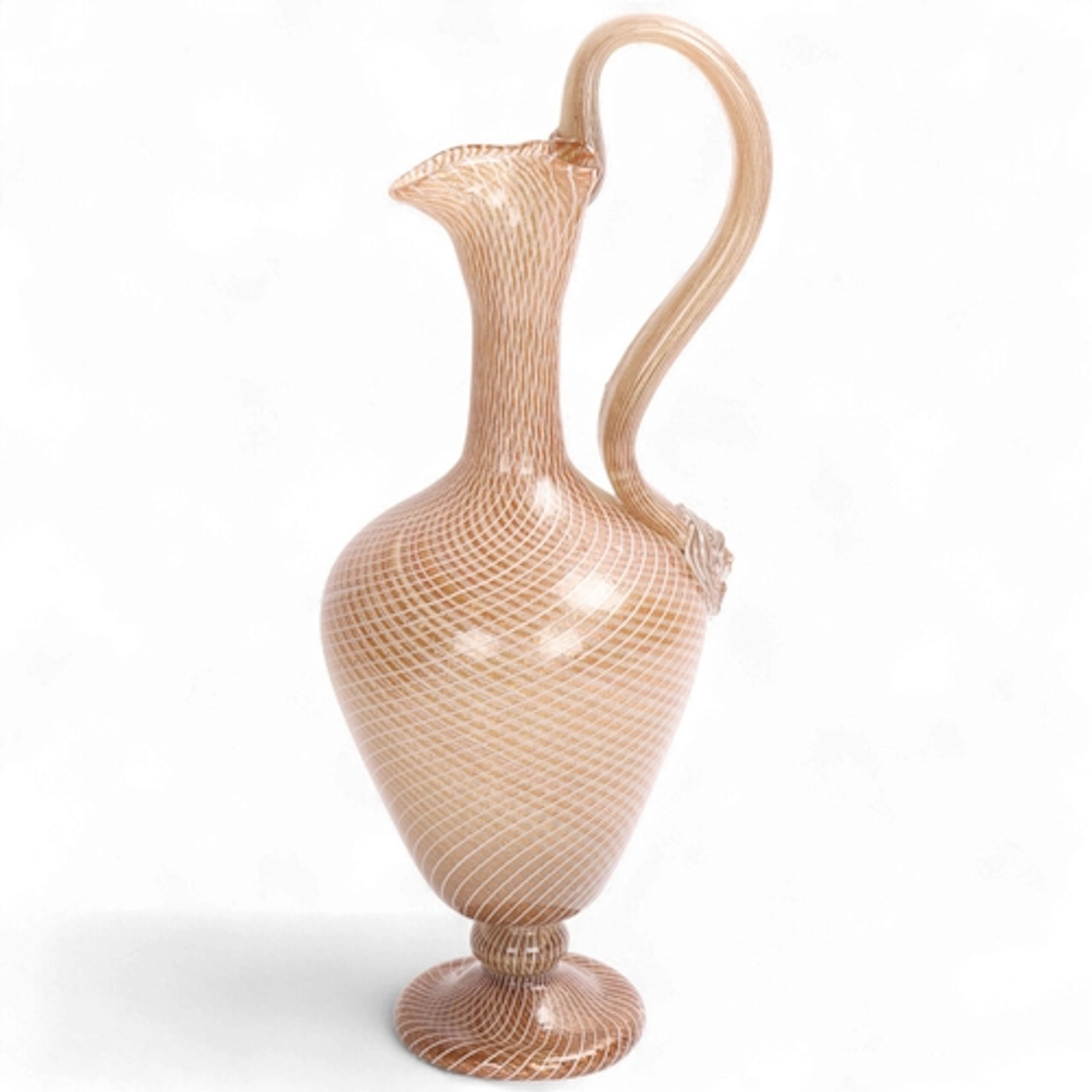 A Murano hand blown jug, with white spiral and lustre decor,...