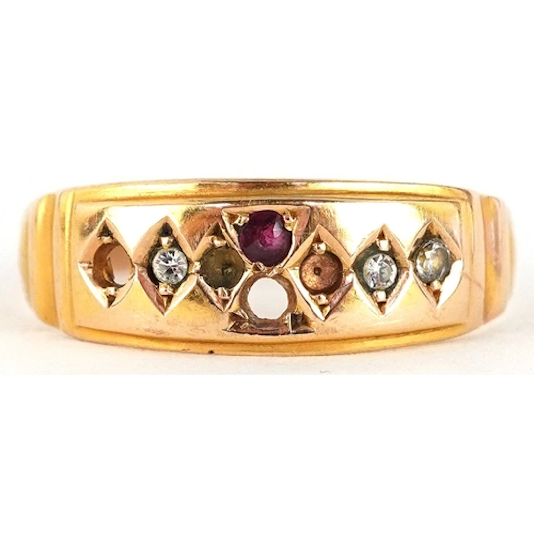 Victorian 15ct gold clear stone and ruby ring with engraved ...