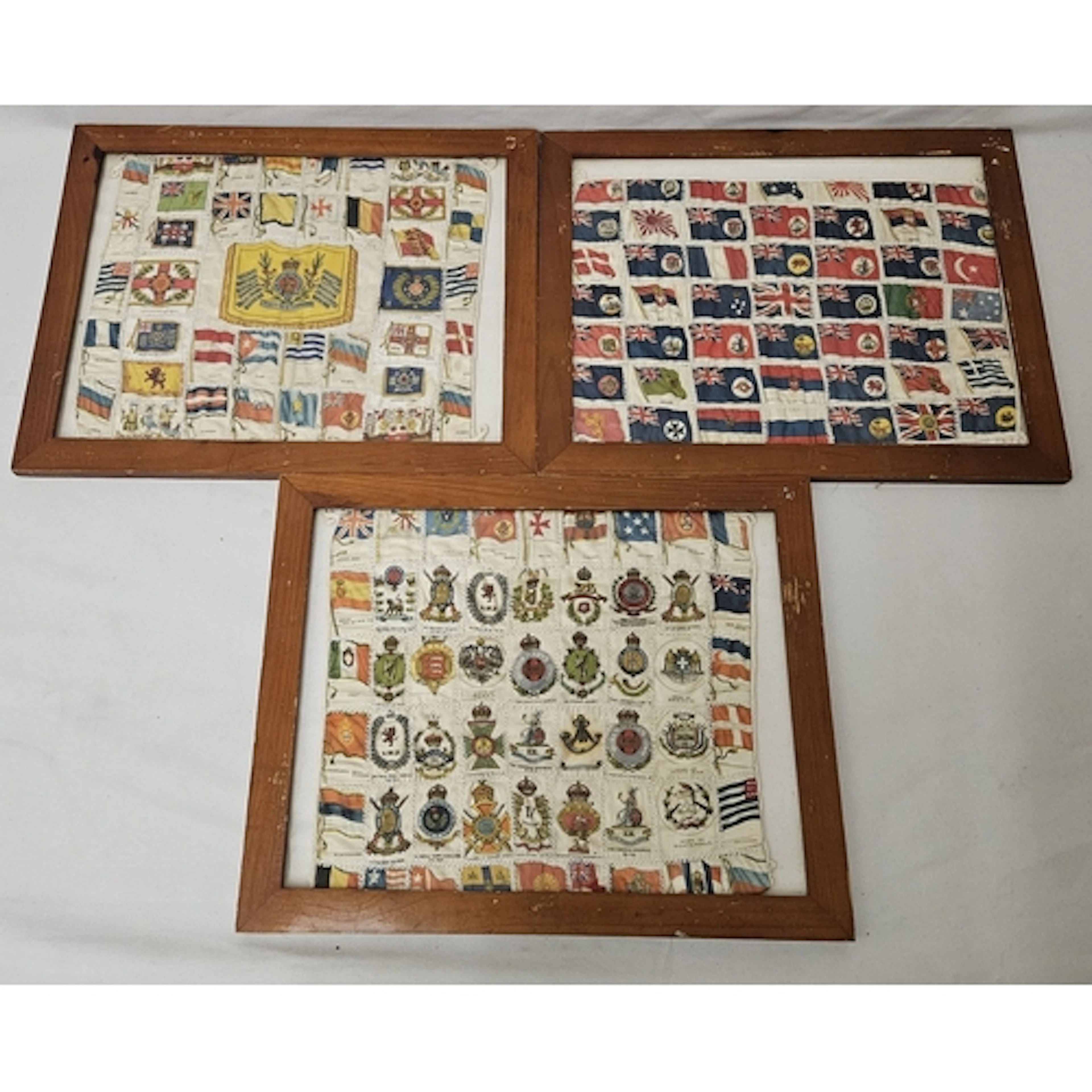 3 Framed Sets Cigarette Silks Flags of the World sewn togeth...