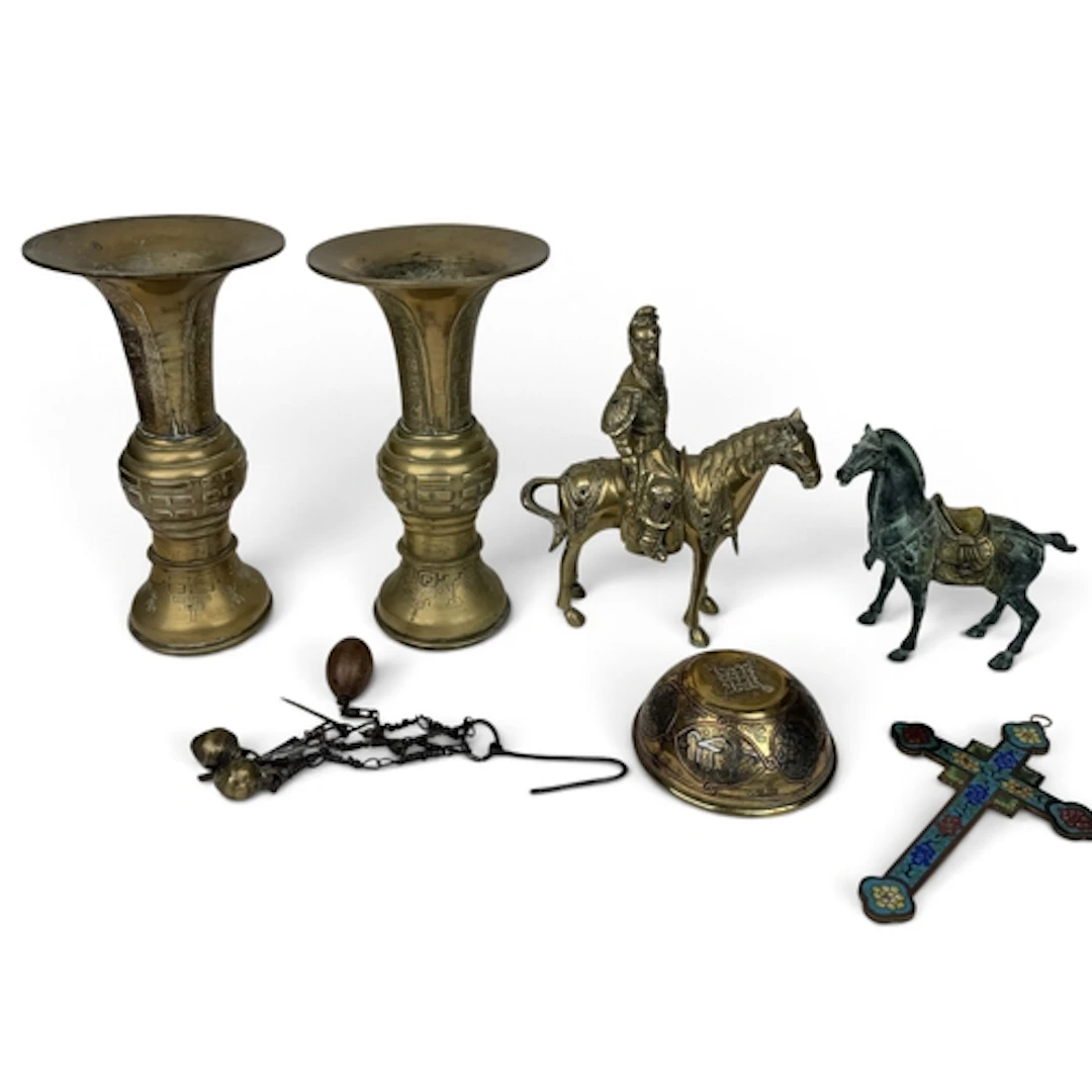 A PAIR OF CHINESE BRONZE ZUN VASES 27cm H Together with a wa...