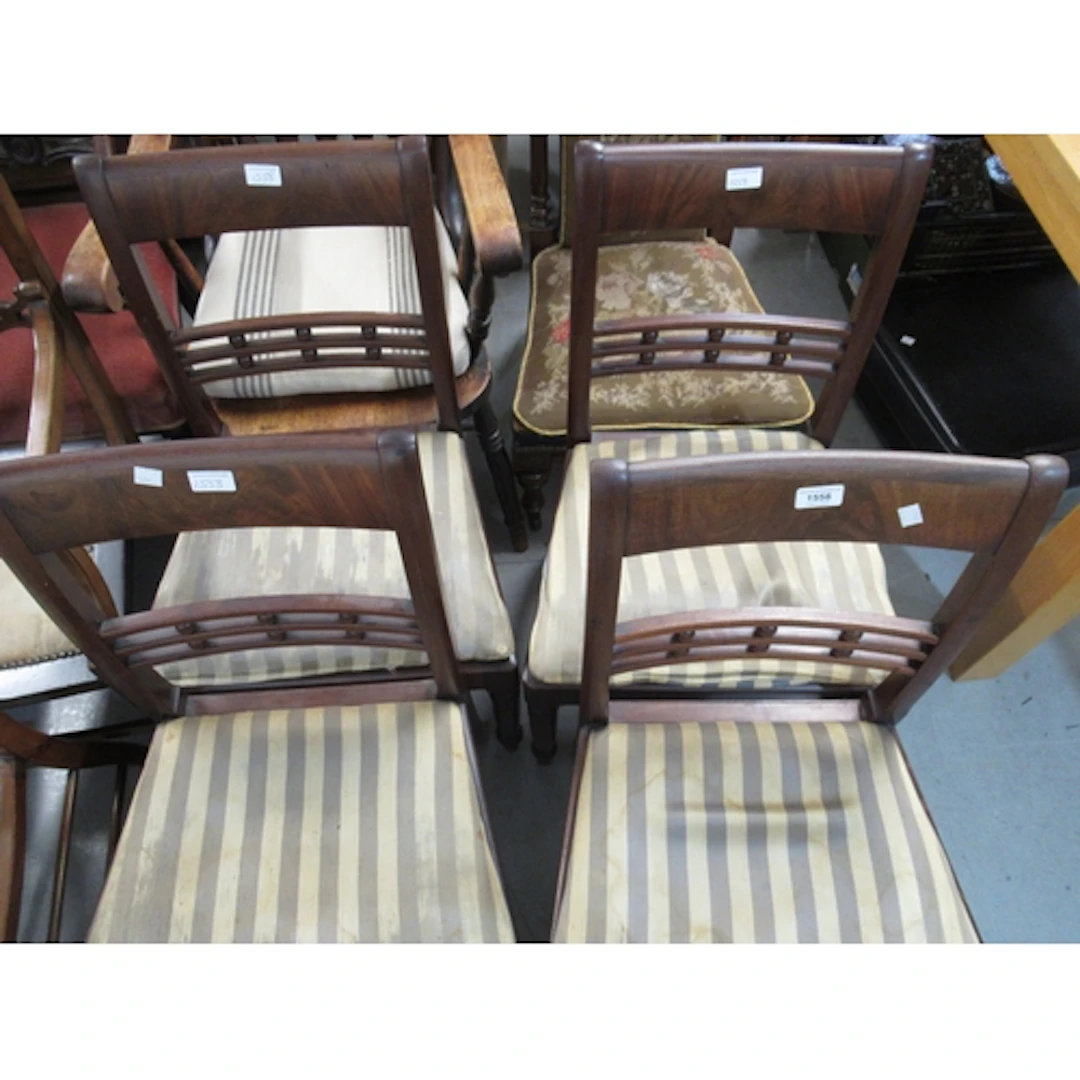Set of four Regency mahogany railback side chairs, on turned...