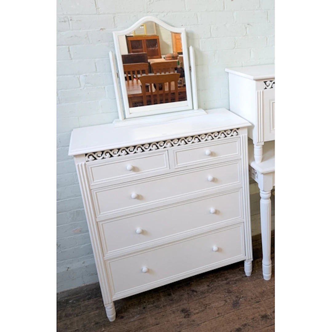 A modern white chest of three long and two short drawers wit...