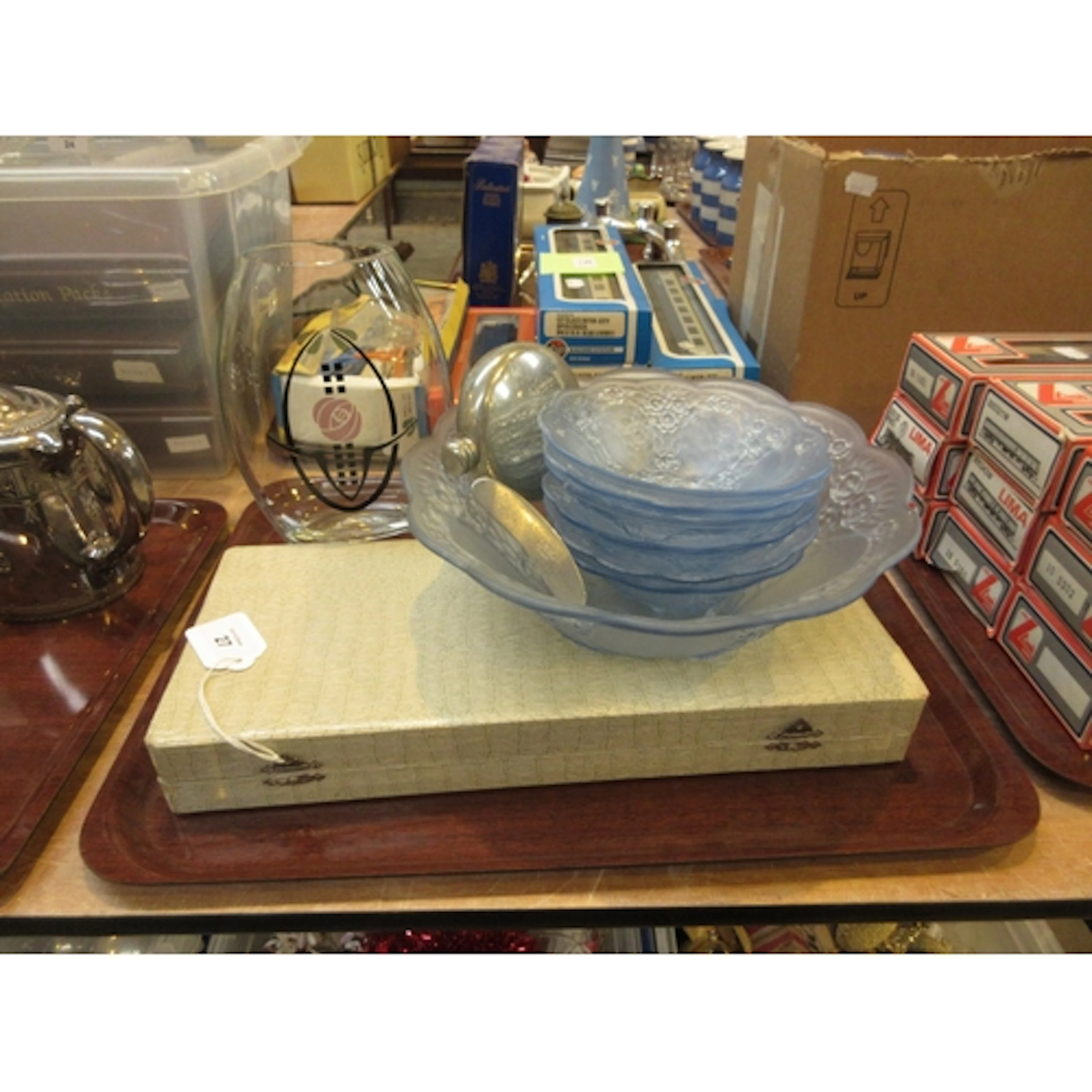 Art Deco Blue Glass 7 Piece Dessert Set, 2 Hip Flasks, Vase ...
