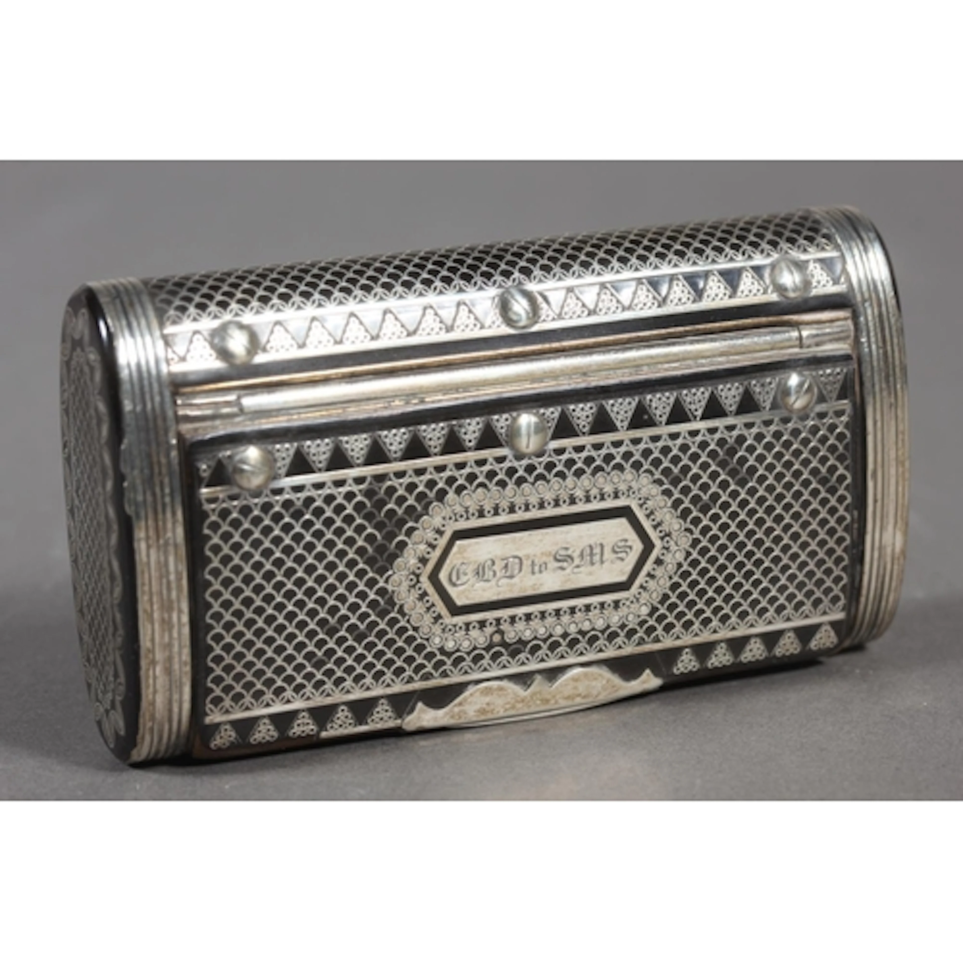 Silver decorated ebonised snuff box, dated 4th Dec 1844.