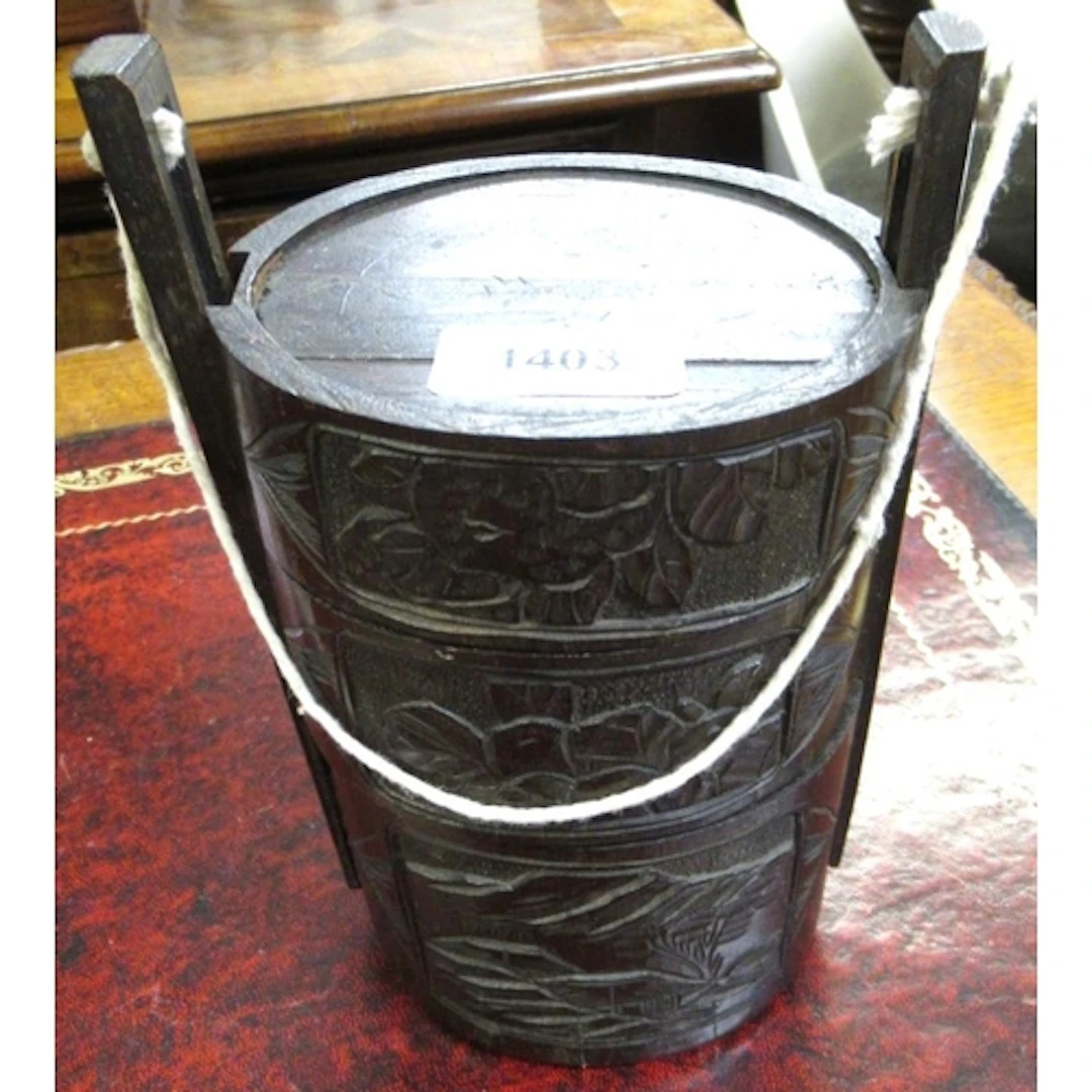 Small Japanese oval carved bamboo three tier lunchbox, 21cm ...