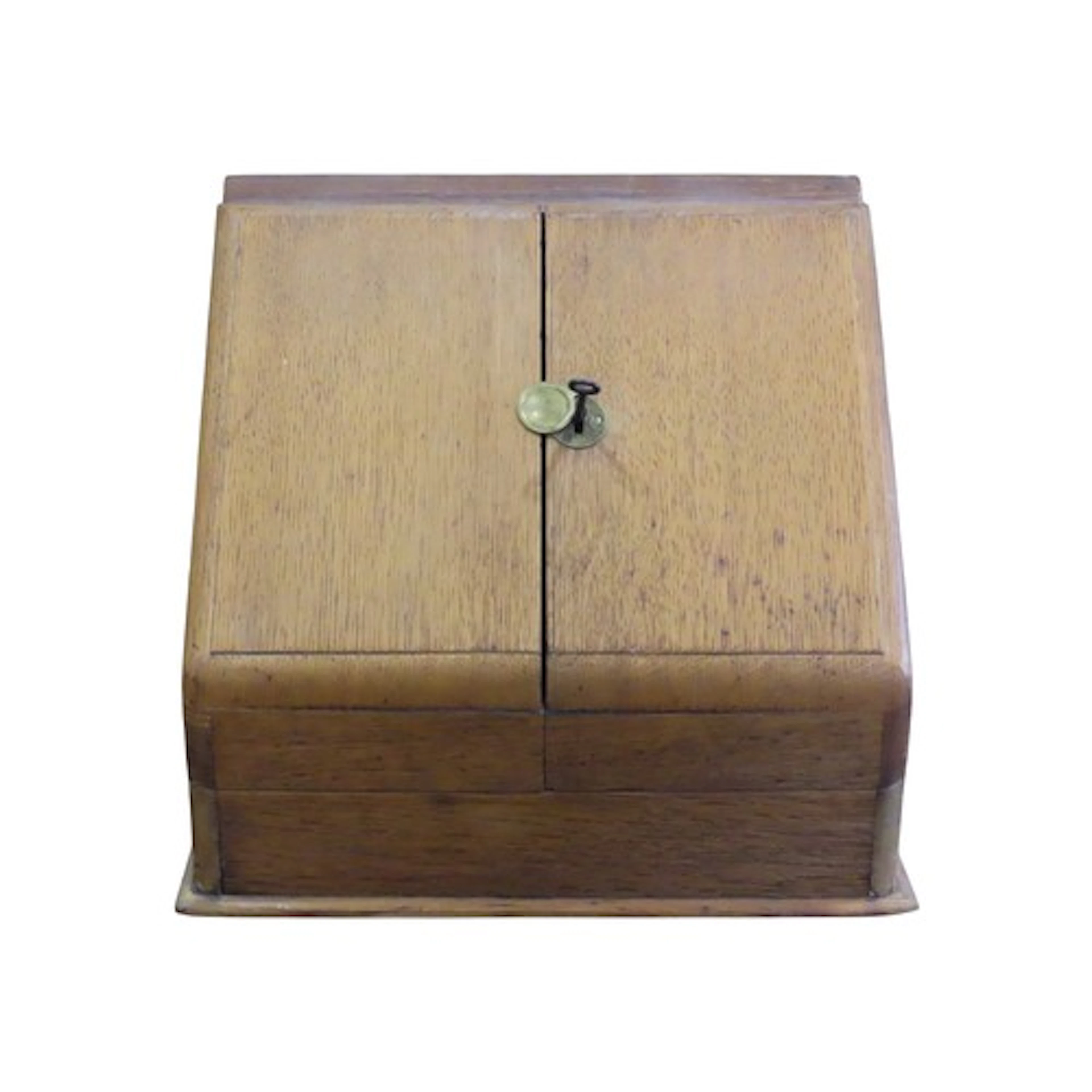 A stripped oak two door stationery cabinet with fitted inter...