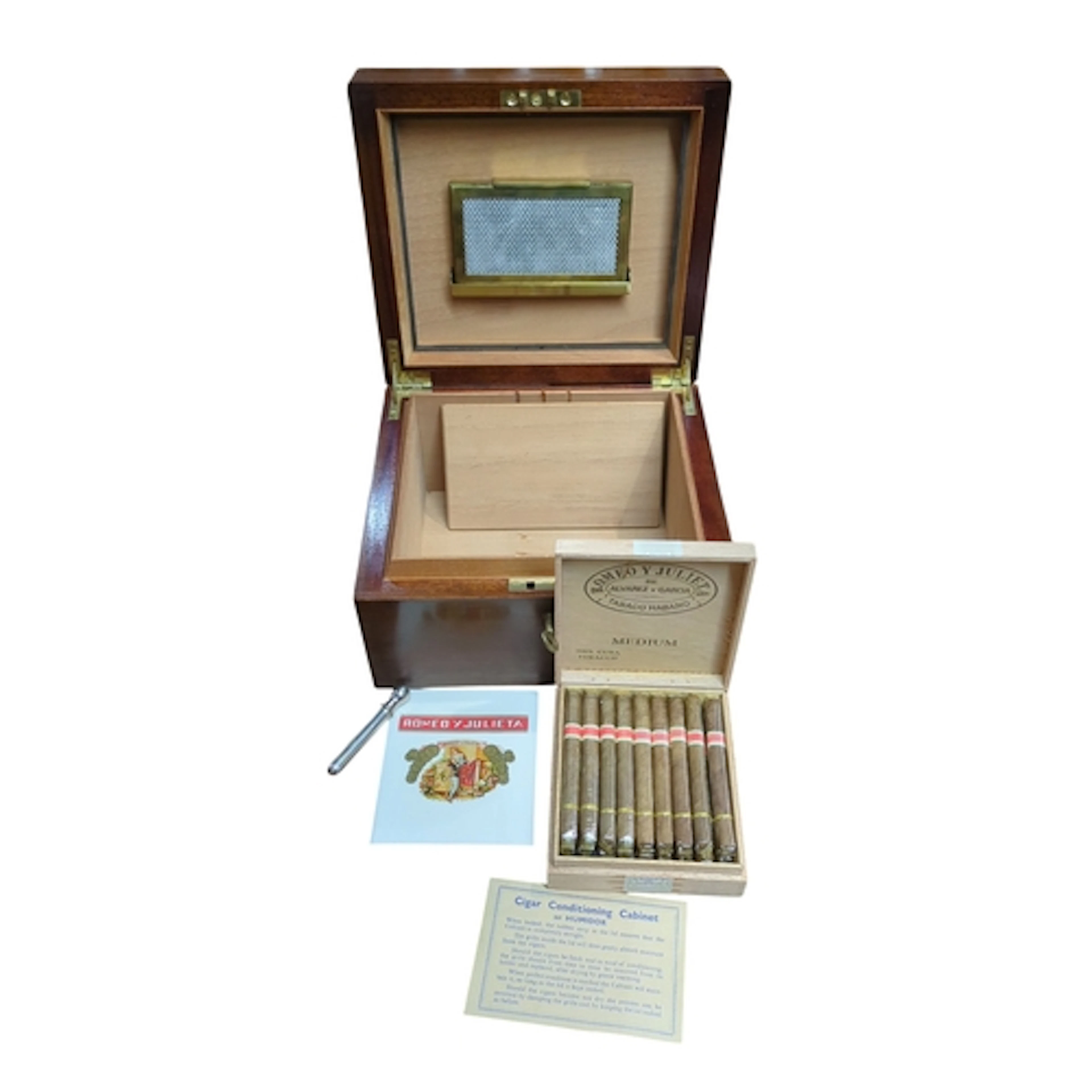 Wooden cigar humidor with brass fittings, divided interior a...