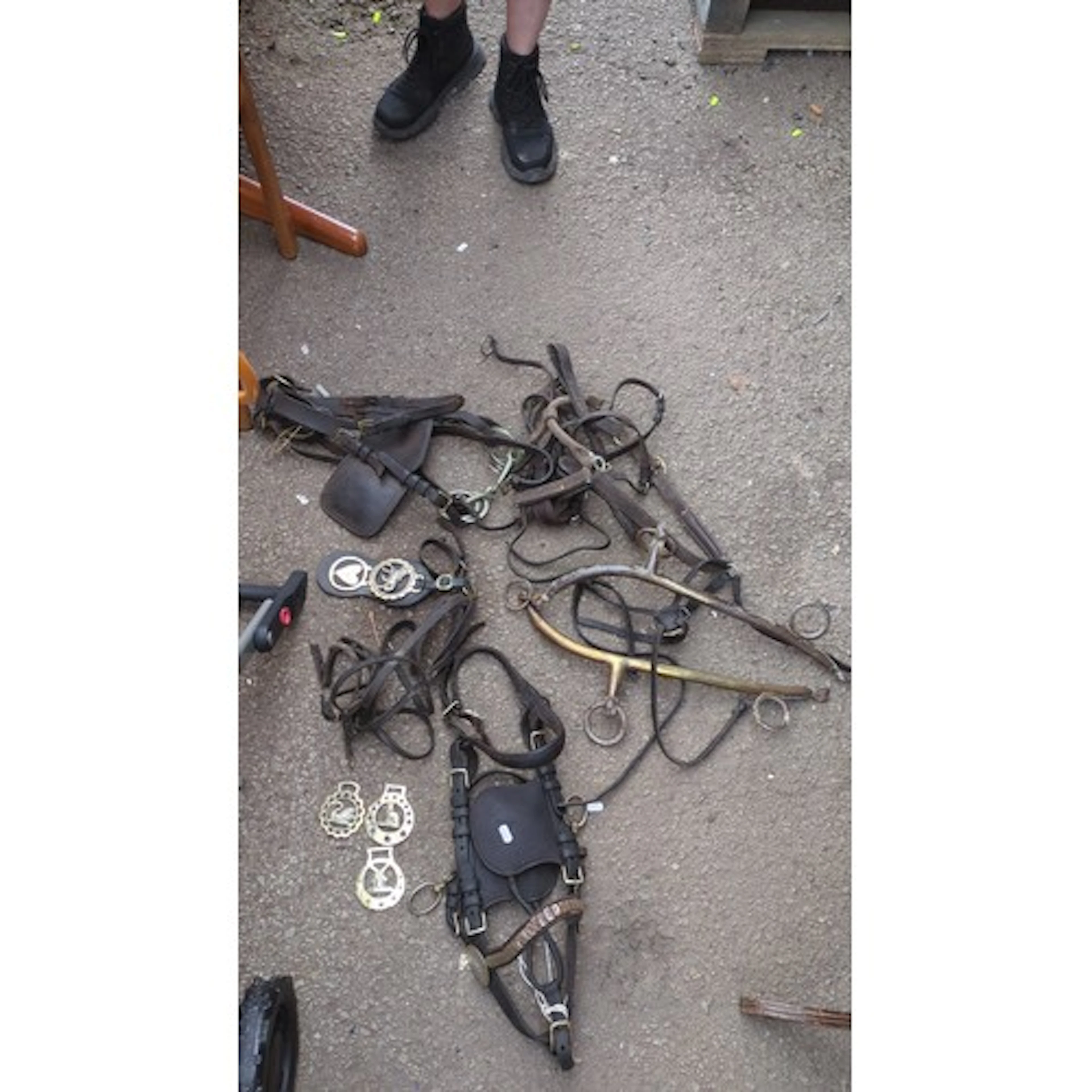 A group of equestrian tack including leather harness and bri...