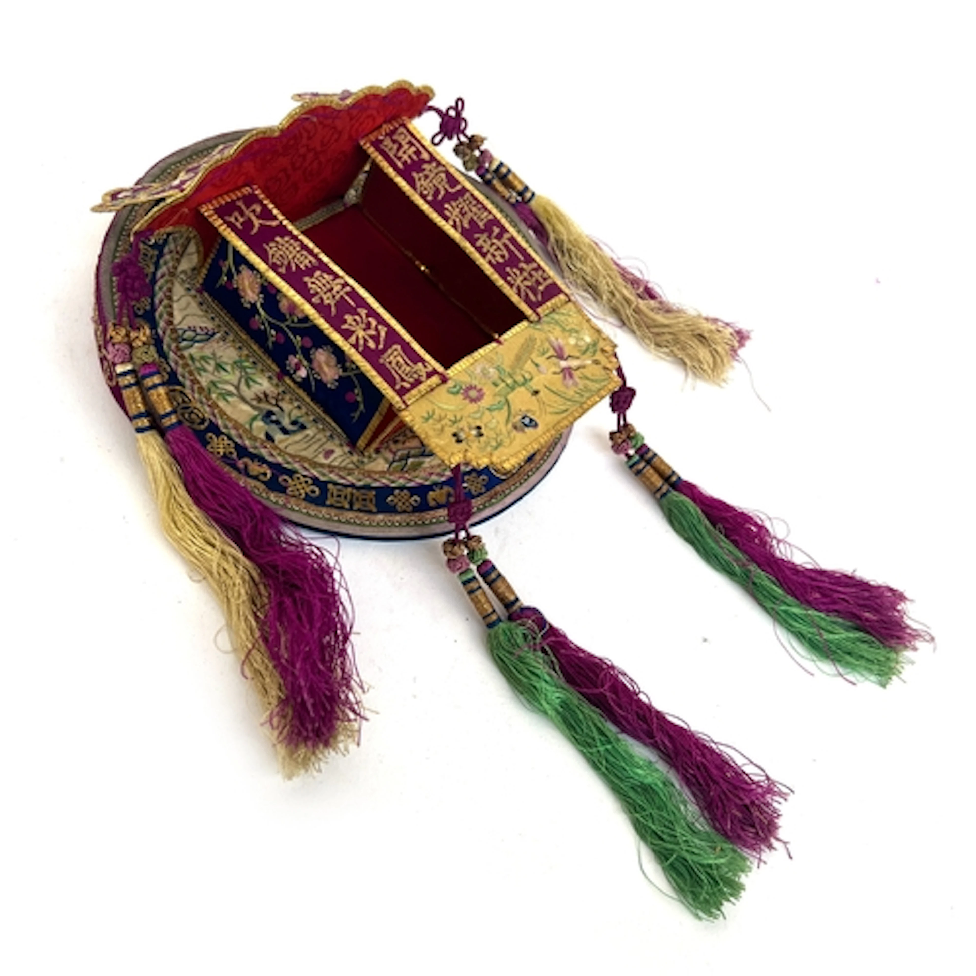 An unusual antique Chinese silk mirror case/altar, embroider...