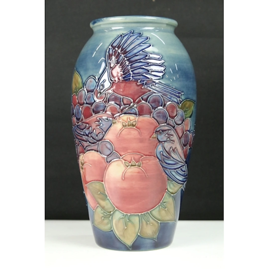 Moorcroft 'Finches and Fruit' pattern vase, designed by Sall...