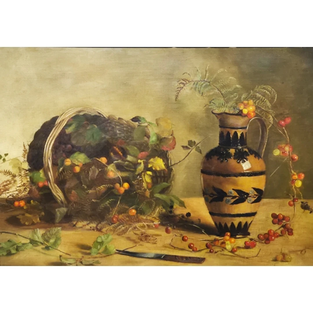 Victorian School. Still Life of Berries with Jug and Basket....