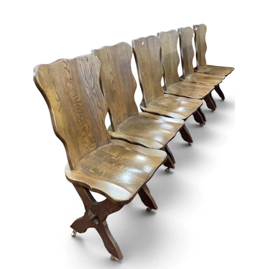 Set of Six Brutalist Oak Dining Chairs, possibly Belgian, ea...