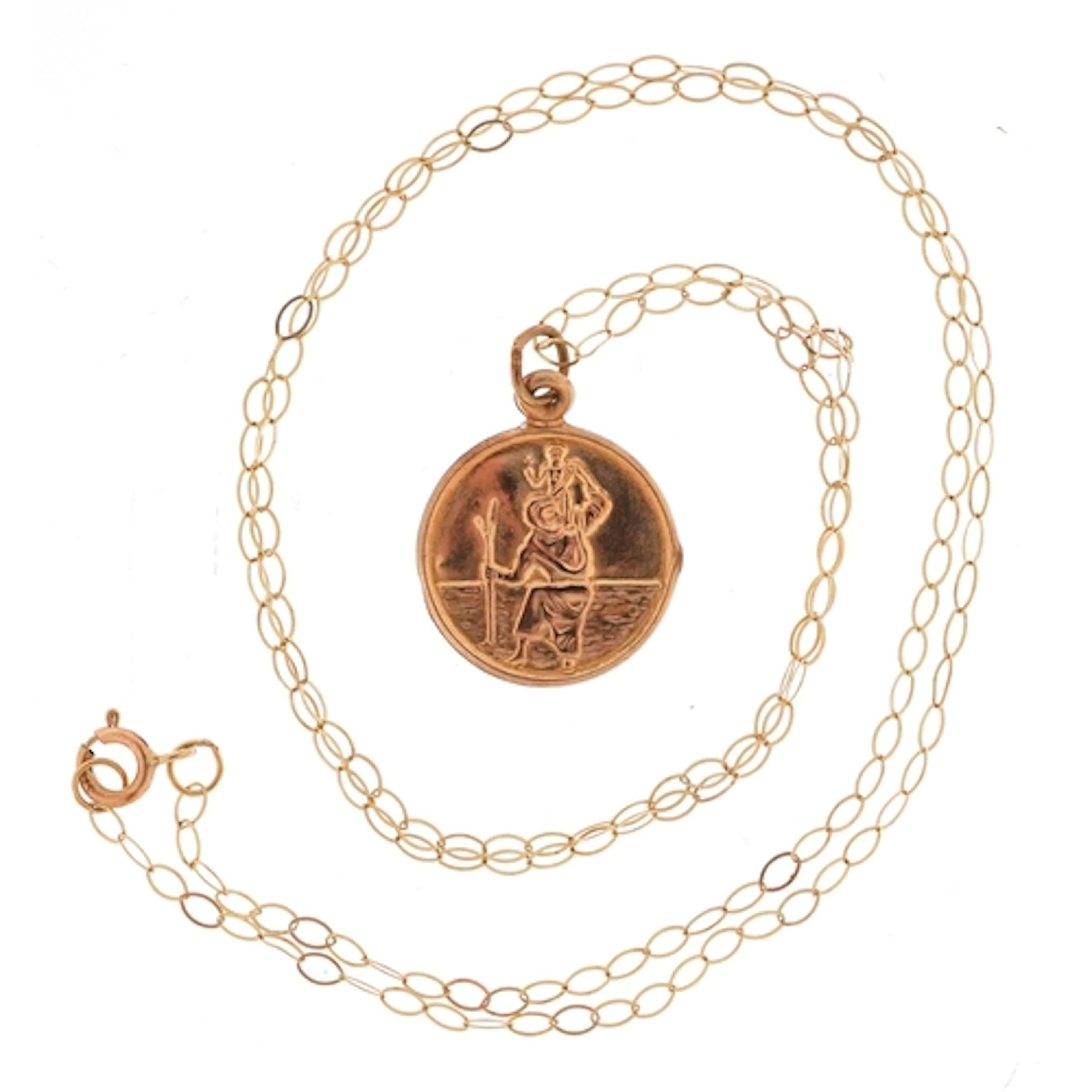 Yellow metal St. Christopher pendant on a 9ct gold necklace,...