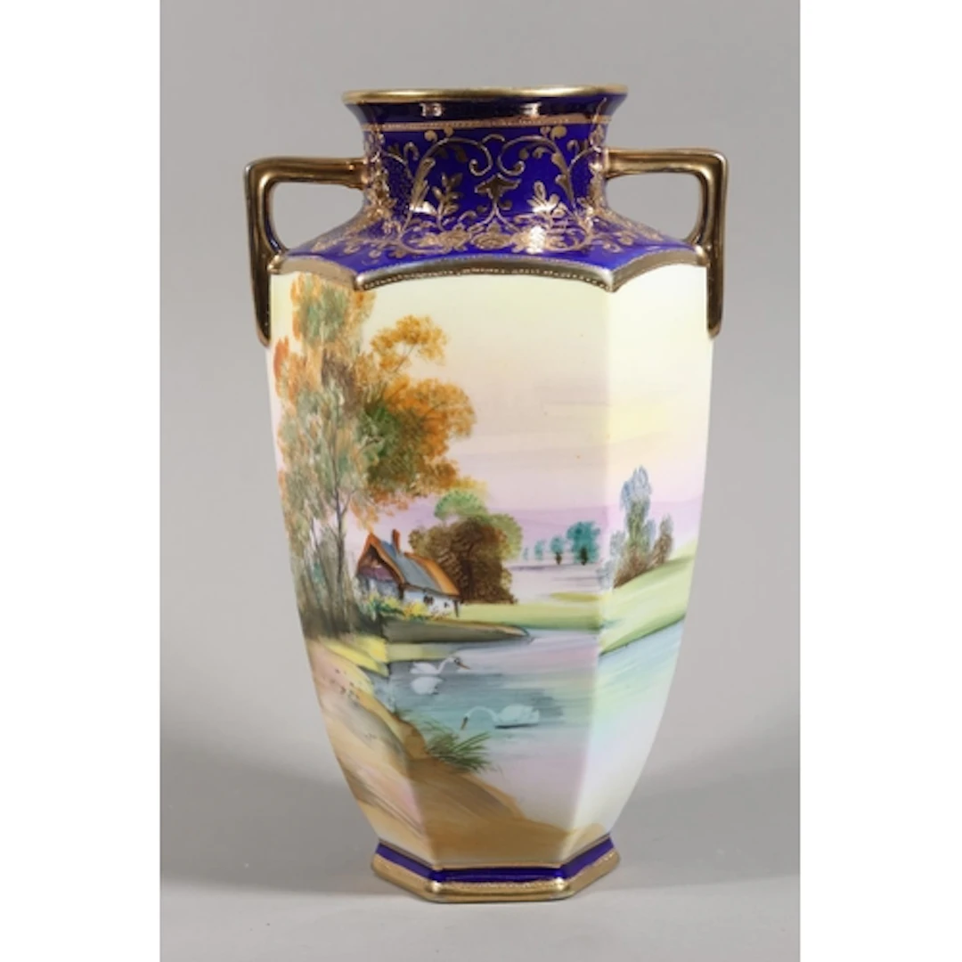 Noritake hexagonal twin-handled vase, with country river sce...
