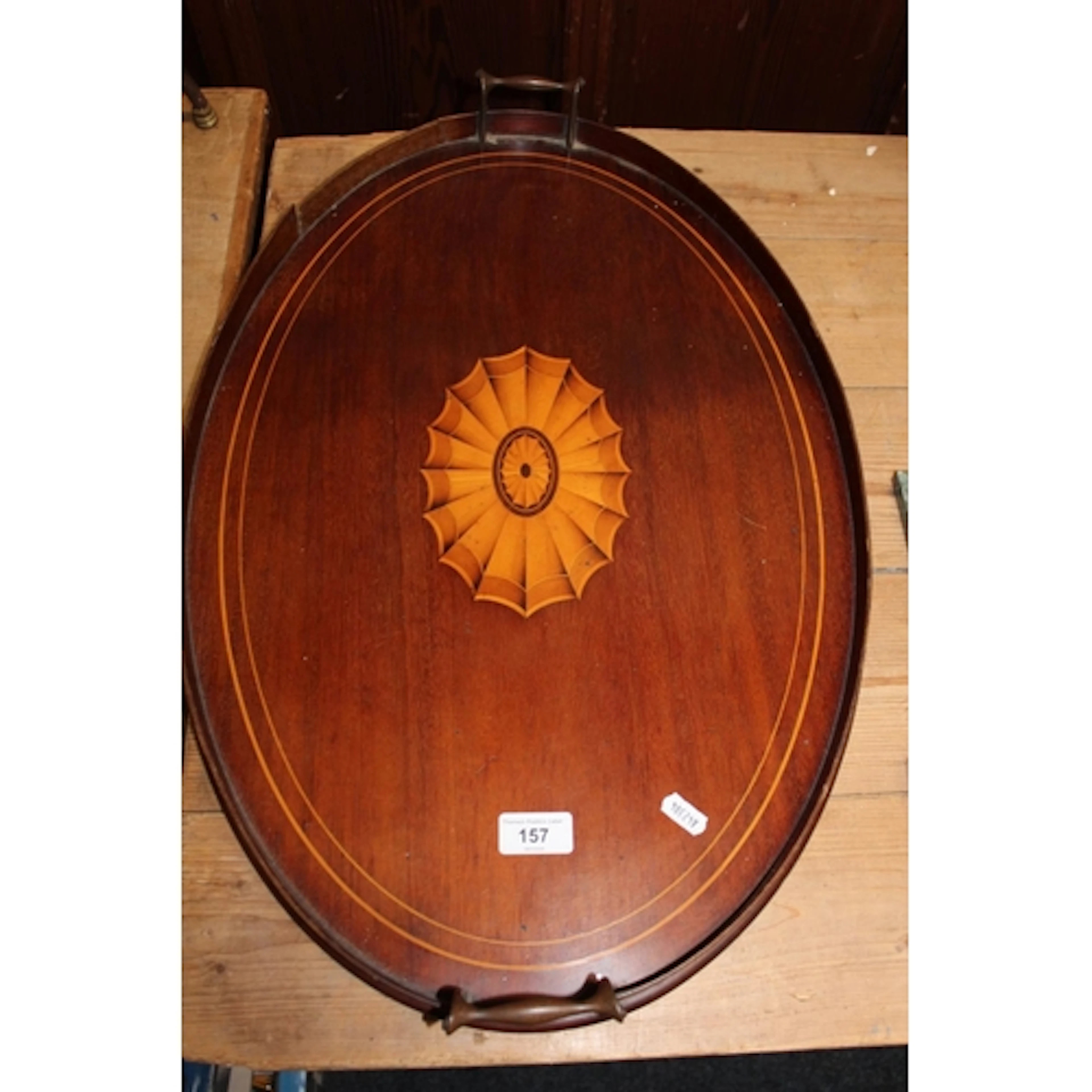 Mahogany and inlaid antique twin handled galleried tray.