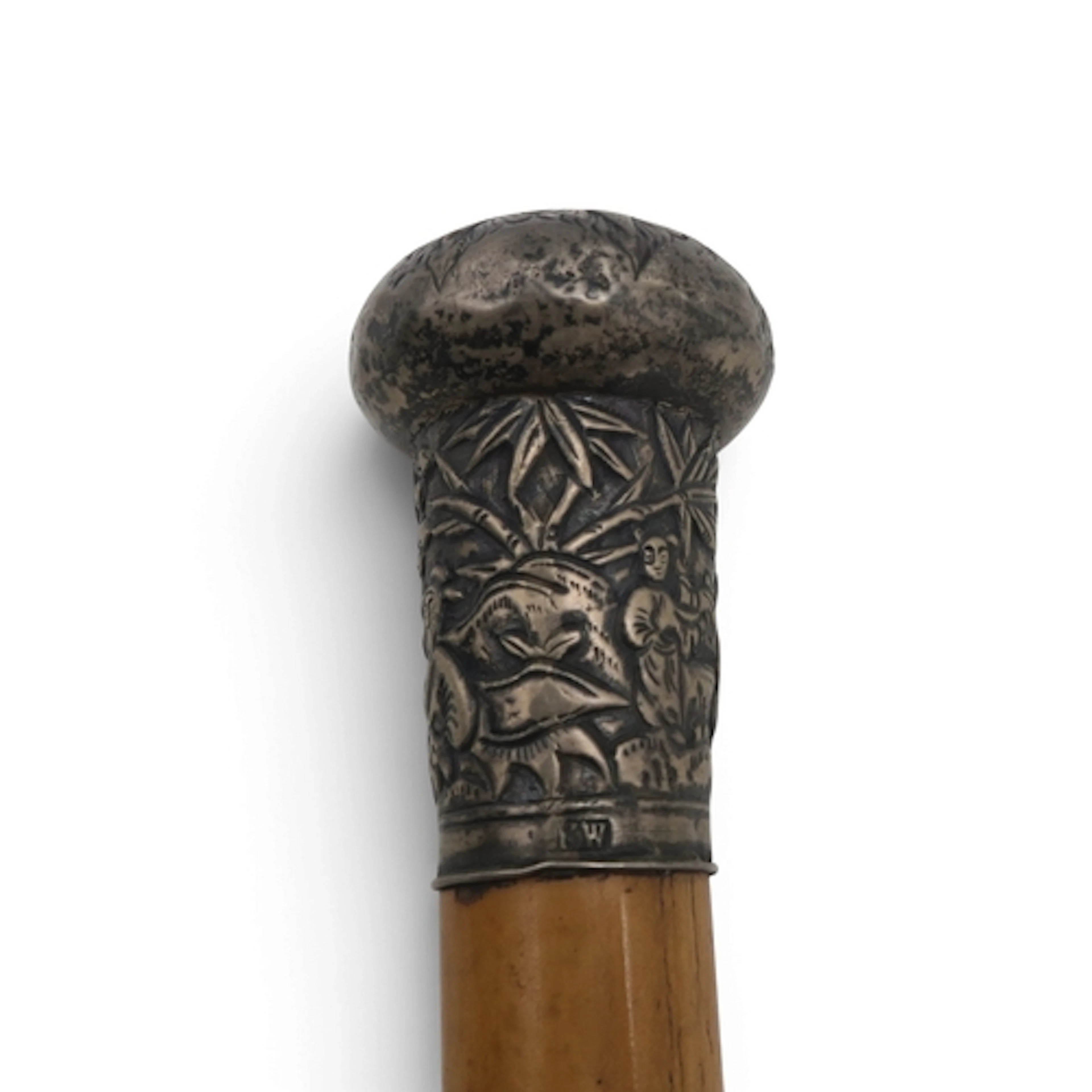 A Chinese export silver-topped walking cane, marked "KW" for...