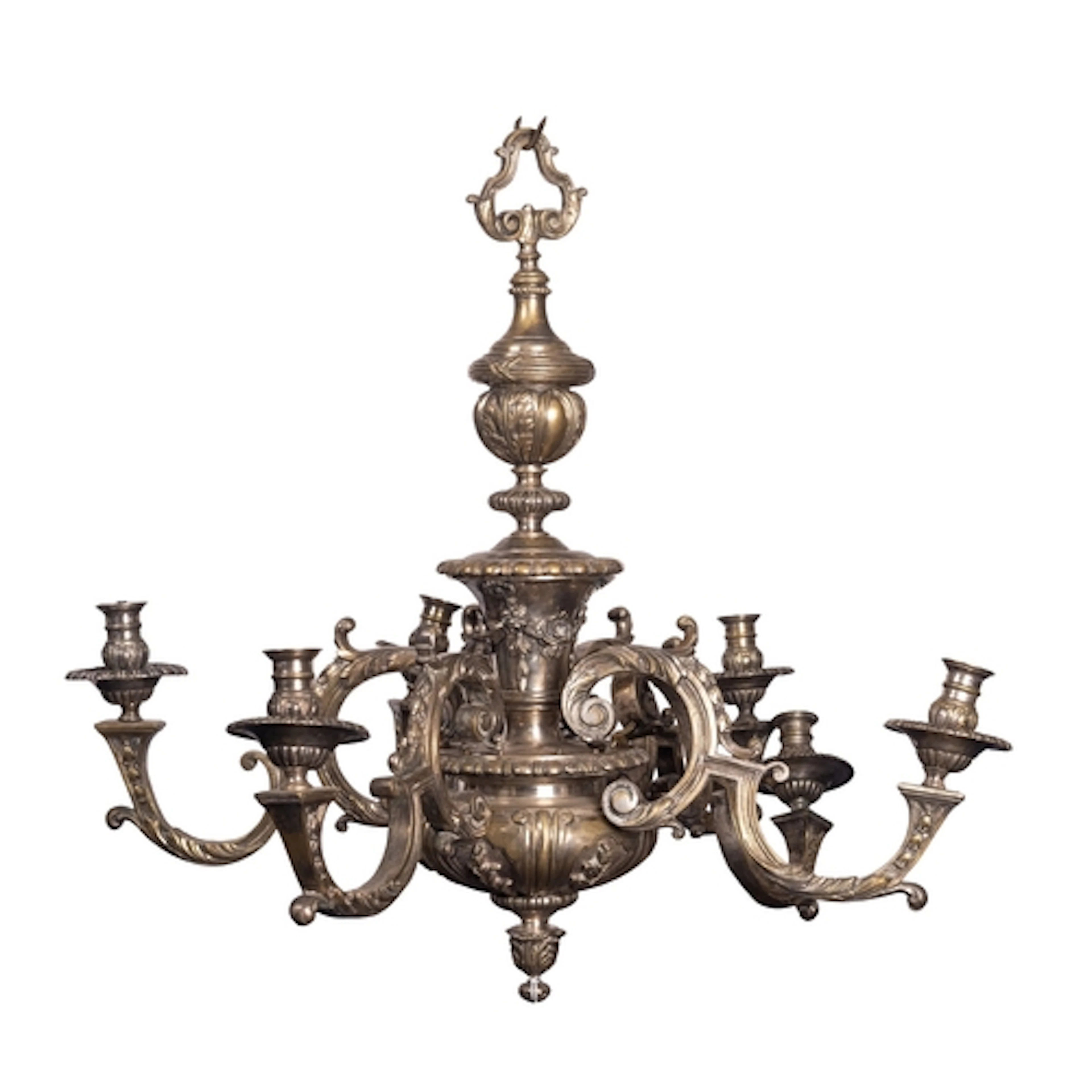 A silvered brass six light chandelier, in French Régence tas...