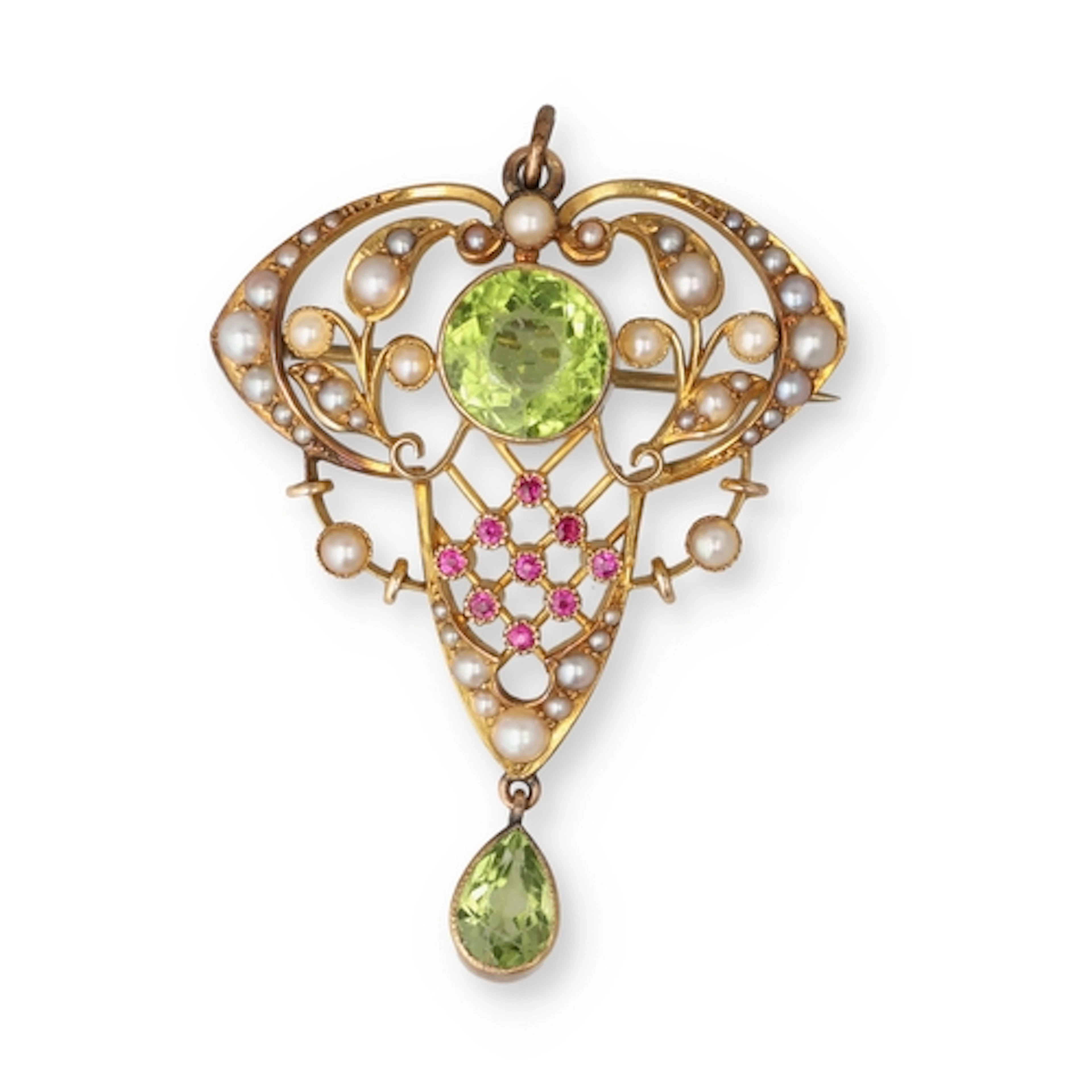 AN EDWARDIAN 15 CARAT GOLD PERIDOT RUBY AND PEARL SUFFRAGETT...