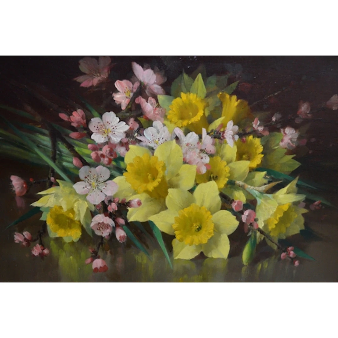 Oil on canvas board, study of a spray of daffodils and sprin...