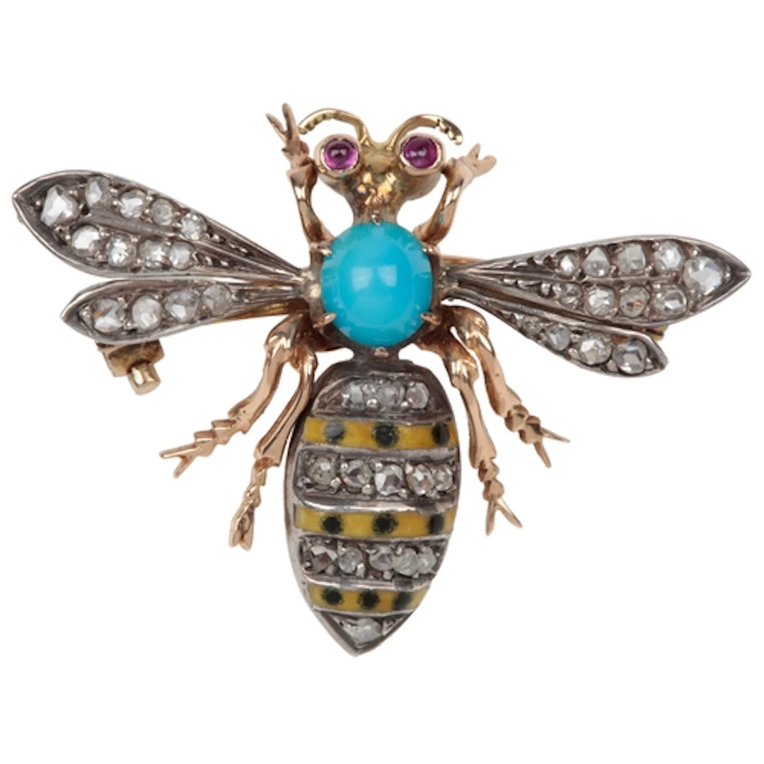 A turquoise, enamel and diamond bee brooch, circa 1900, desi...