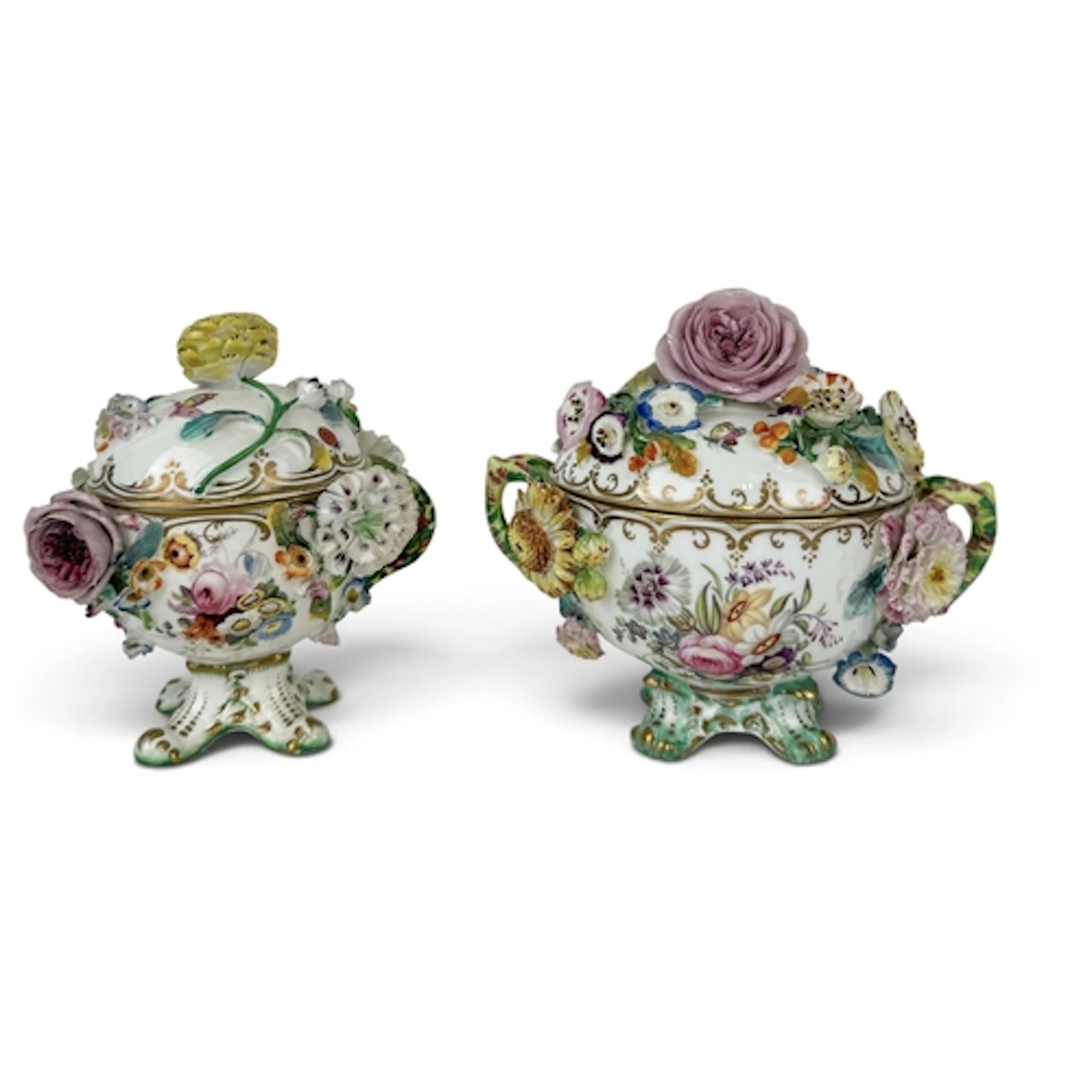 TWO COALBROOKDALE PORCELAIN TWO-HANDLED BOWLS AND COVERS, EN...